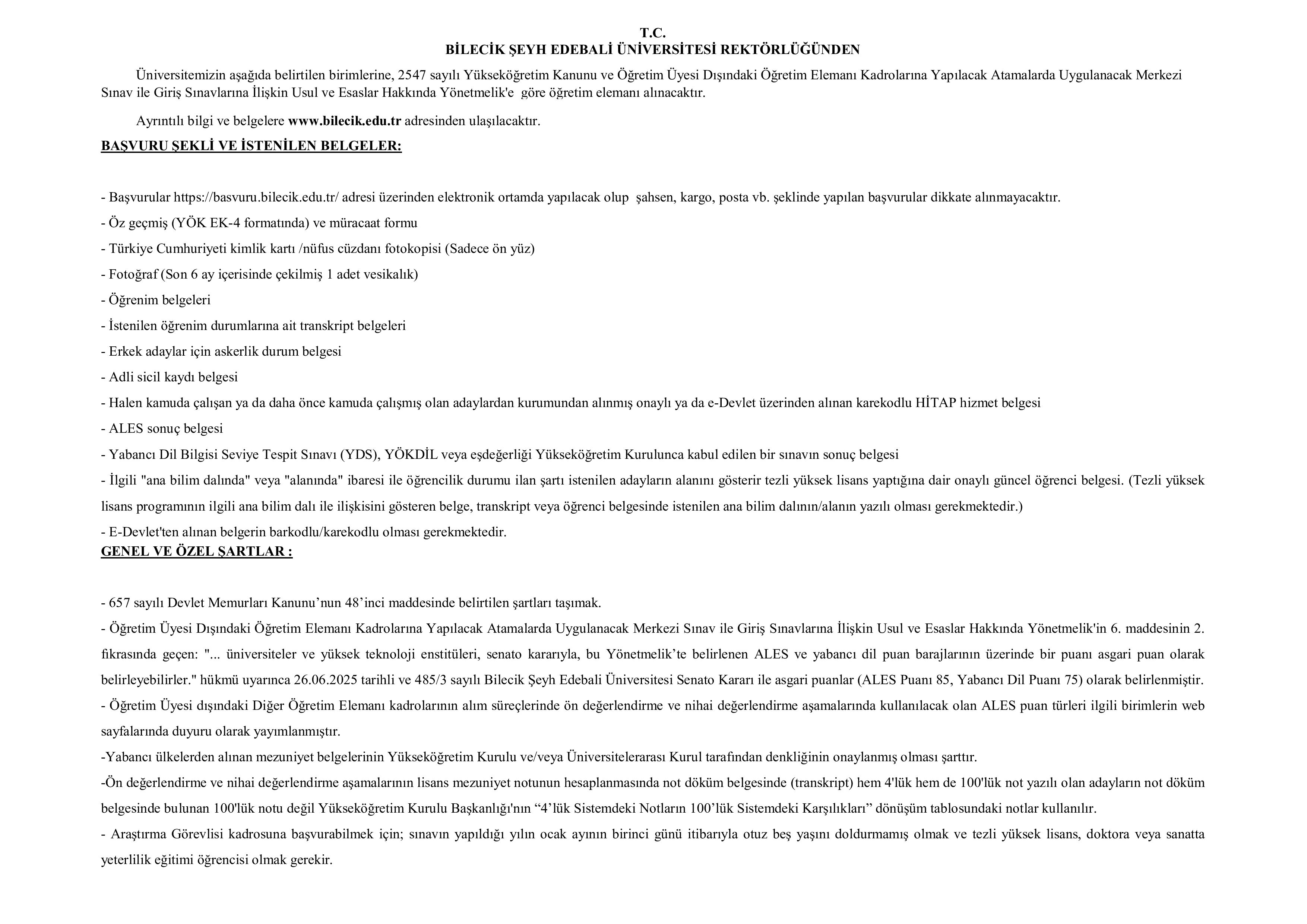 BİLECİK ŞEYH EDEBALİ ÜNİVERSİTESİ 5  ALACAK ( 24 Aralık - 8 Ocak) İlan İçeriği Sayfa 1