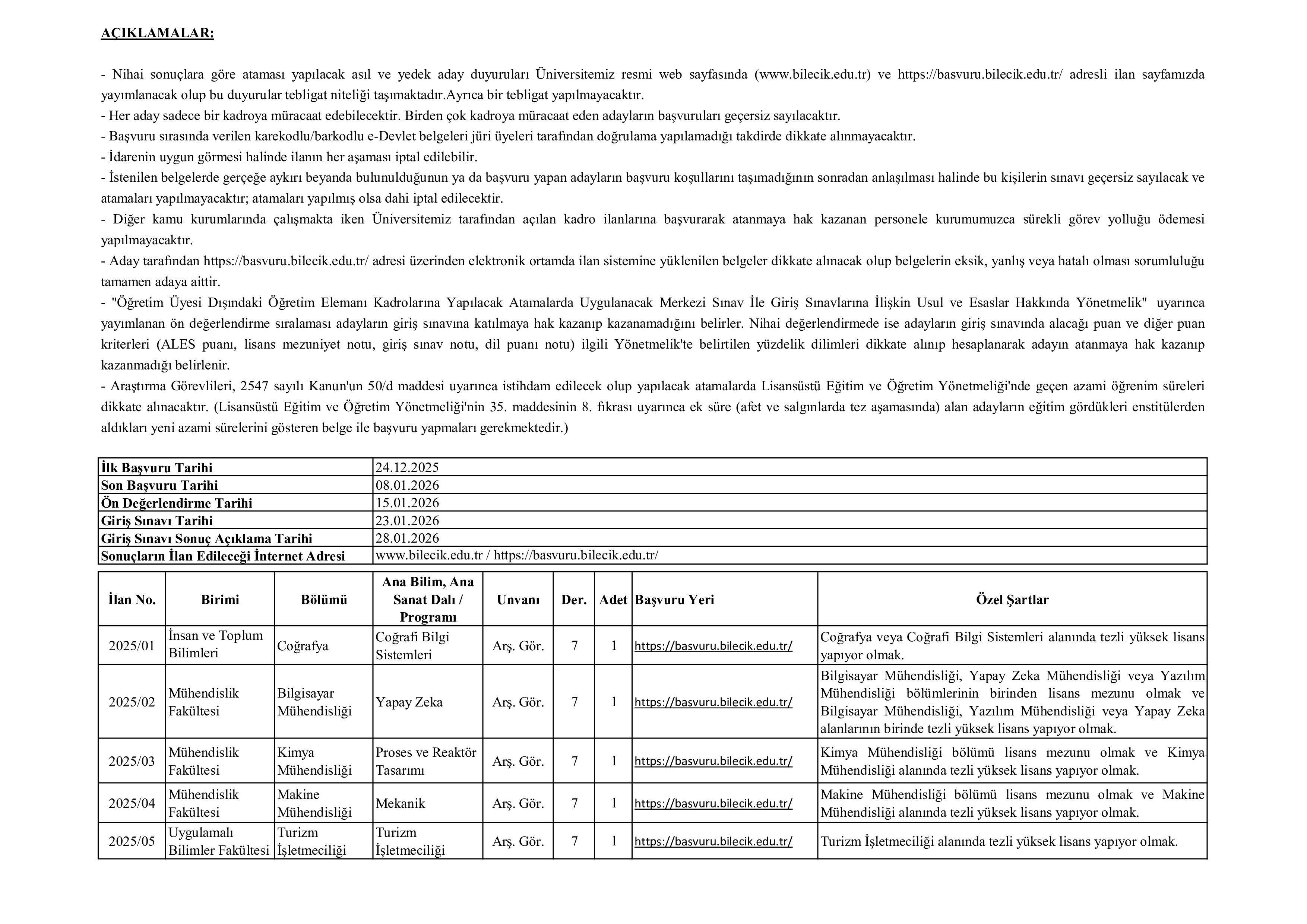 BİLECİK ŞEYH EDEBALİ ÜNİVERSİTESİ 5  ALACAK ( 24 Aralık - 8 Ocak) İlan İçeriği Sayfa 2
