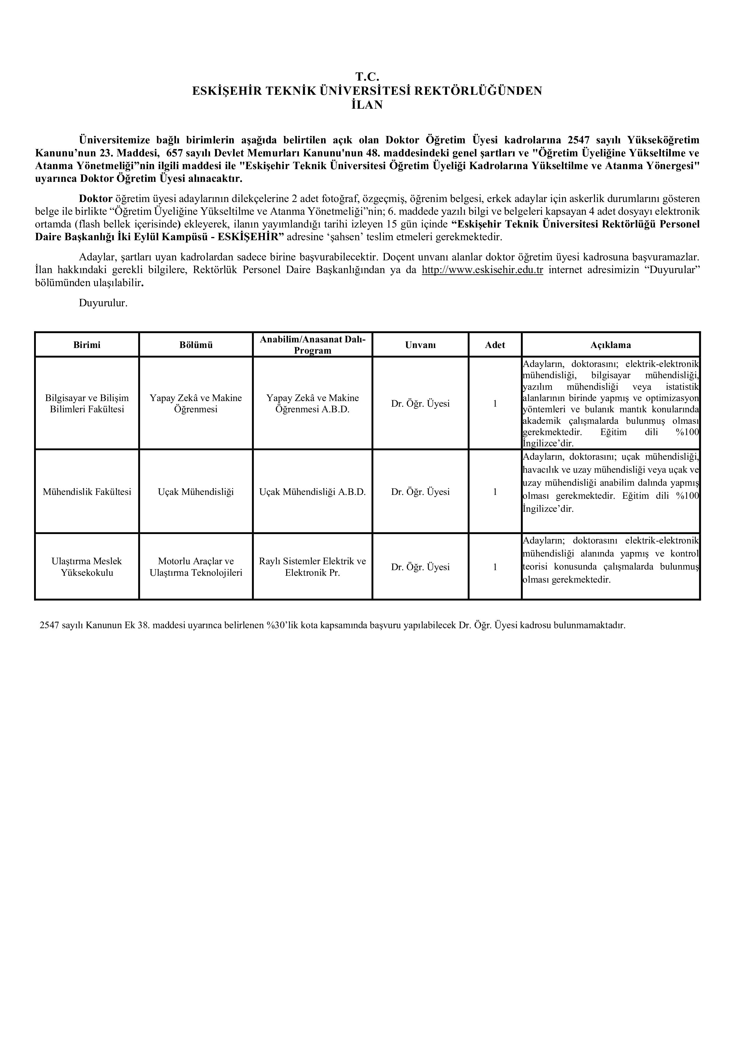 ESKİŞEHİR TEKNİK ÜNİVERSİTESİ 3 ÖĞRETİM ÜYESİ ALACAK ( 24 Aralık - 7 Ocak) İlan İçeriği Sayfa 1