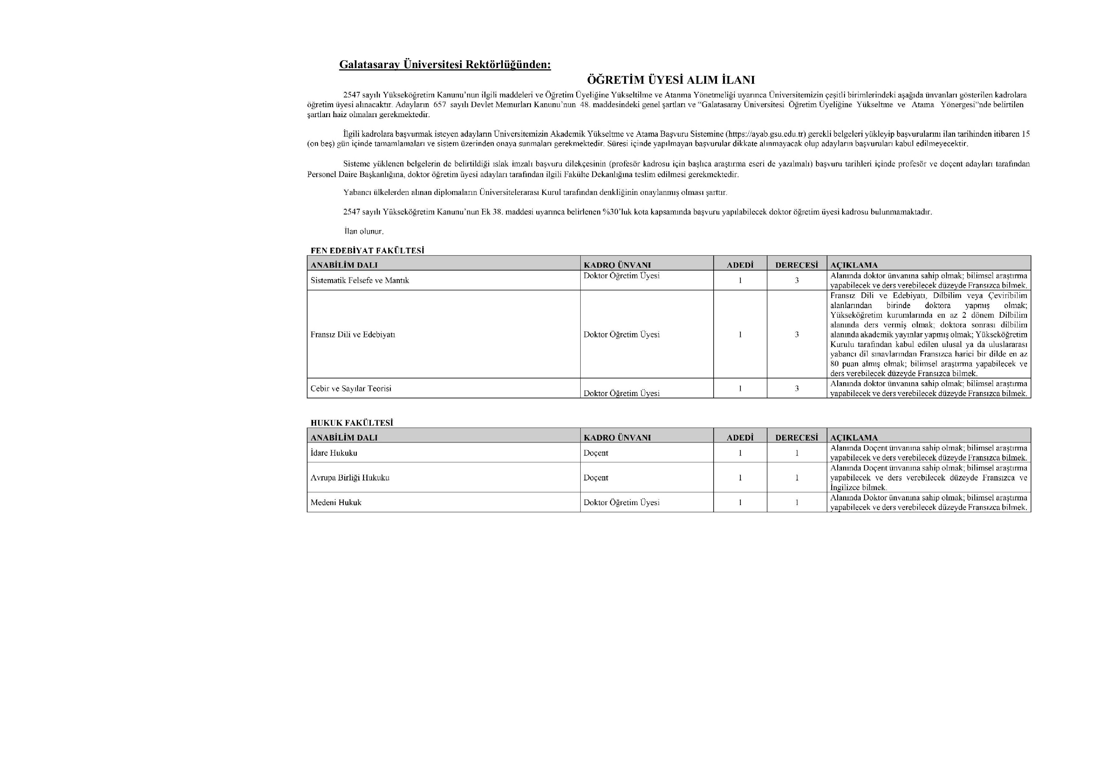 GALATASARAY ÜNİVERSİTESİ 12 ÖĞRETİM ÜYESİ ALACAK ( 24 Aralık - 8 Ocak) İlan İçeriği Sayfa 1