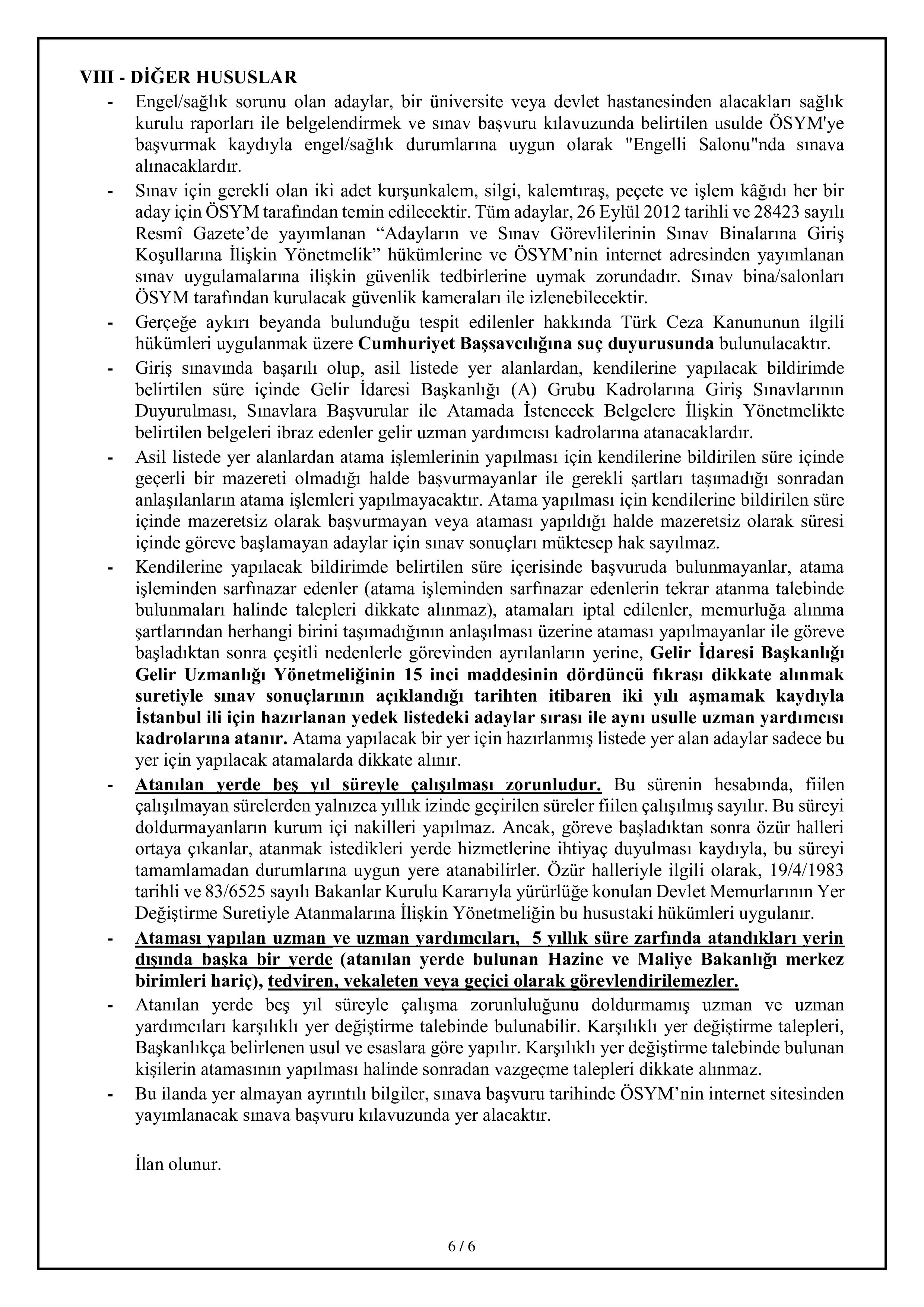GELİR İDARESİ BAŞKANLIĞI 655 GELİR UZMAN YARDIMCISI ALACAK ( 14 Ocak - 21 Ocak) İlan İçeriği Sayfa 6