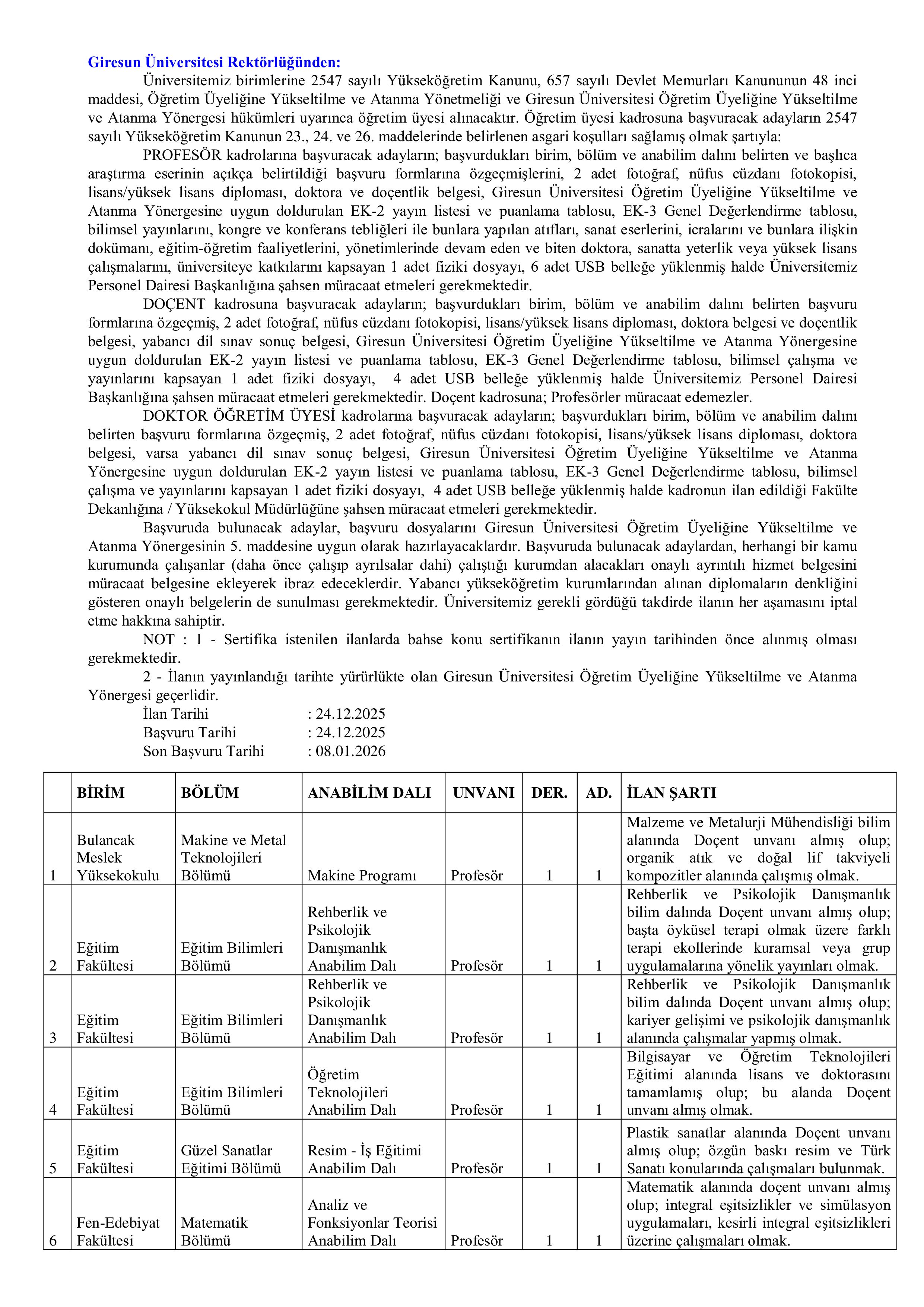 İlan İçeriği Sayfa 1 GİRESUN ÜNİVERSİTESİ 21 ÖĞRETİM ÜYESİ ALACAK ( 24 Aralık - 8 Ocak) İlan İçeriği Sayfa 1