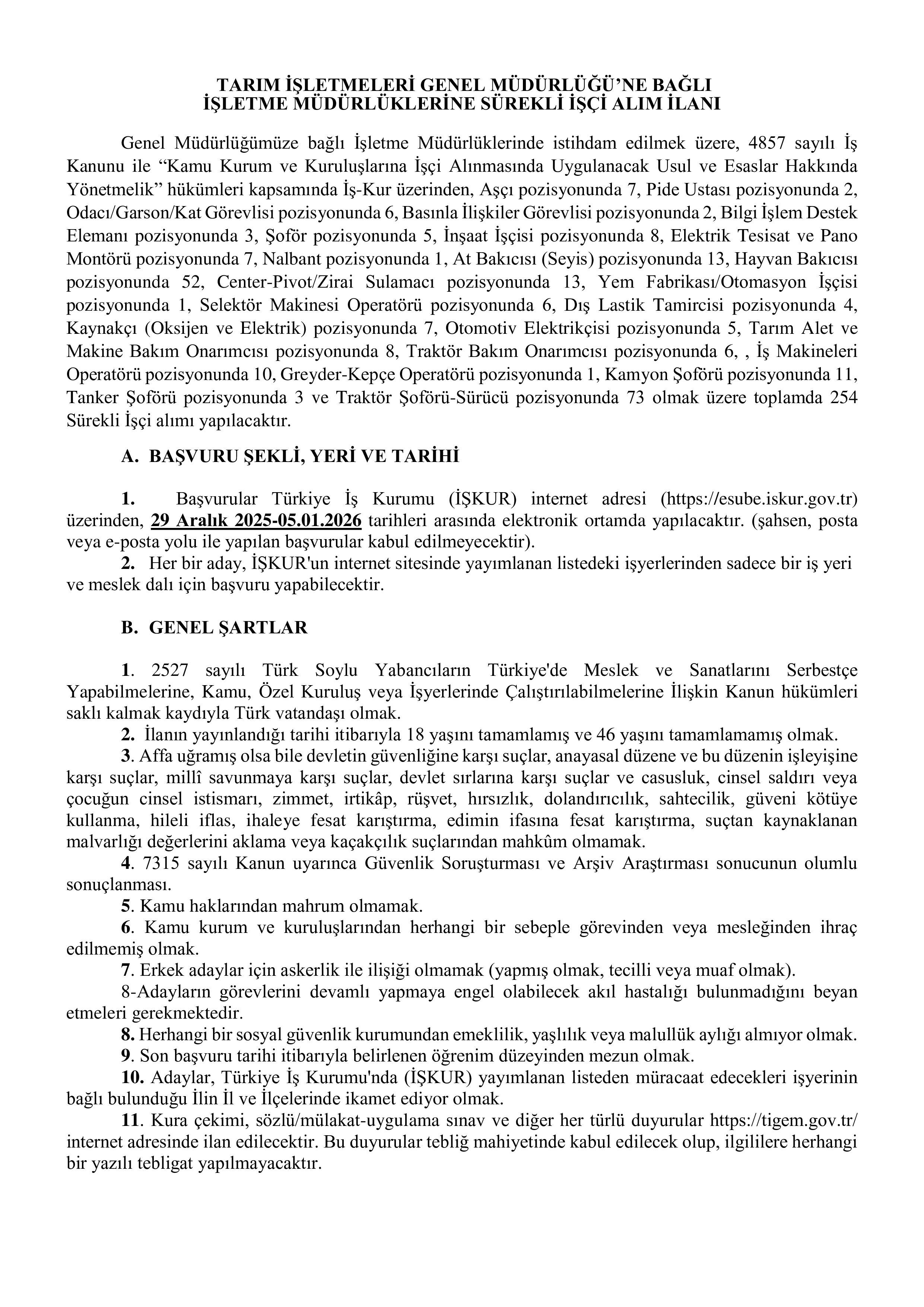 TARIM İŞLETMELERİ GENEL MÜDÜRLÜĞÜ 254 SüREKLİ İŞÇİ ALACAK ( 29 Aralık - 5 Ocak) İlan İçeriği Sayfa 1