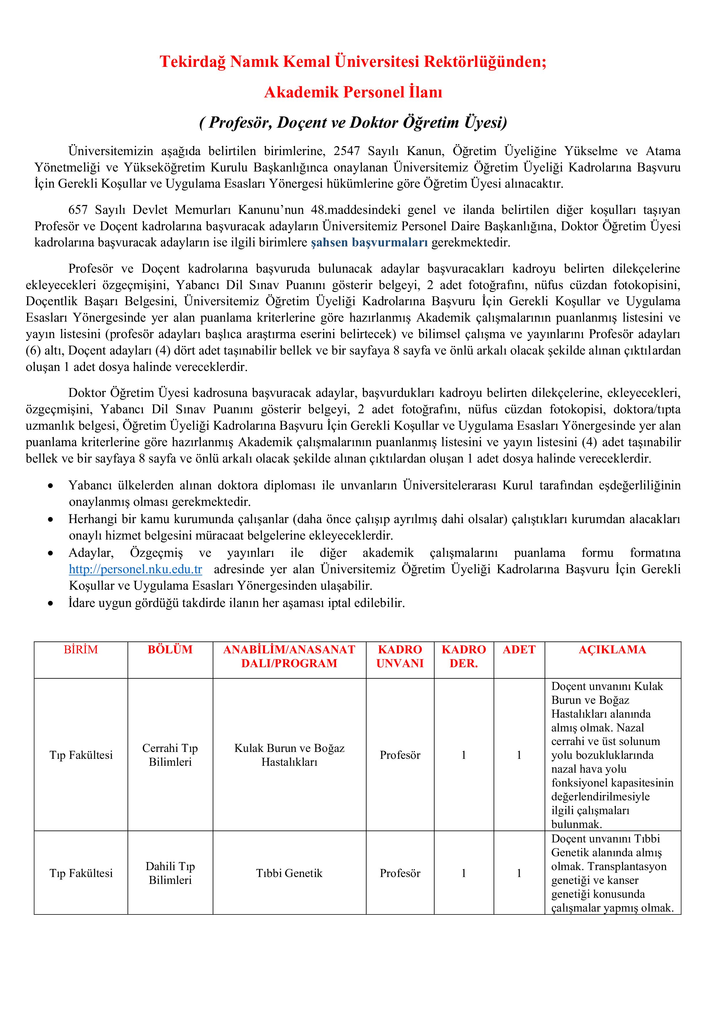 TEKİRDAĞ NAMIK KEMAL ÜNİVERSİTESİ 22 ÖĞRETİM ÜYESİ ALACAK ( 24 Aralık - 7 Ocak) İlan İçeriği Sayfa 1