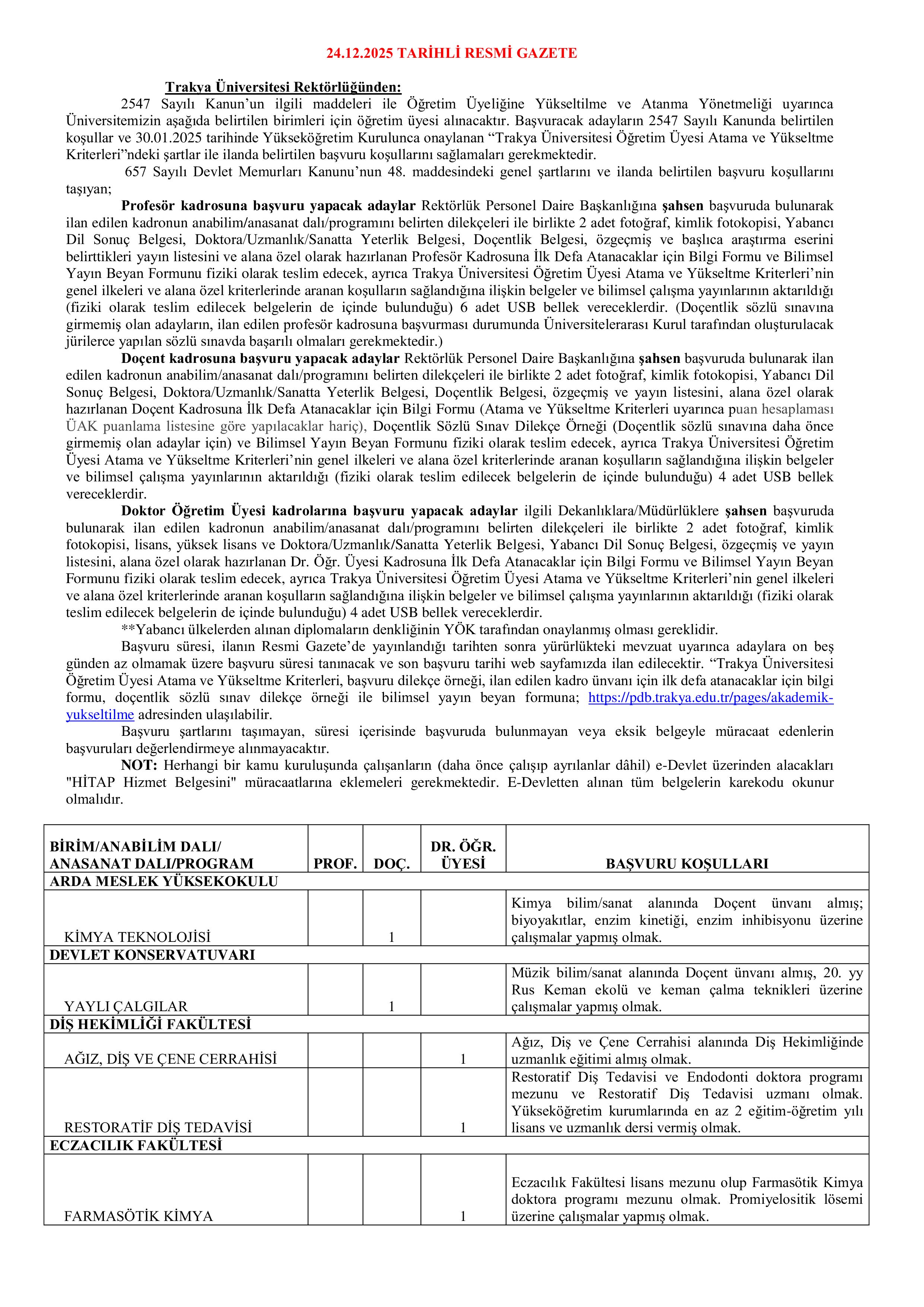 TRAKYA ÜNİVERSİTESİ 87 ÖĞRETİM ÜYESİ ALACAK ( 24 Aralık - 7 Ocak) İlan İçeriği Sayfa 1