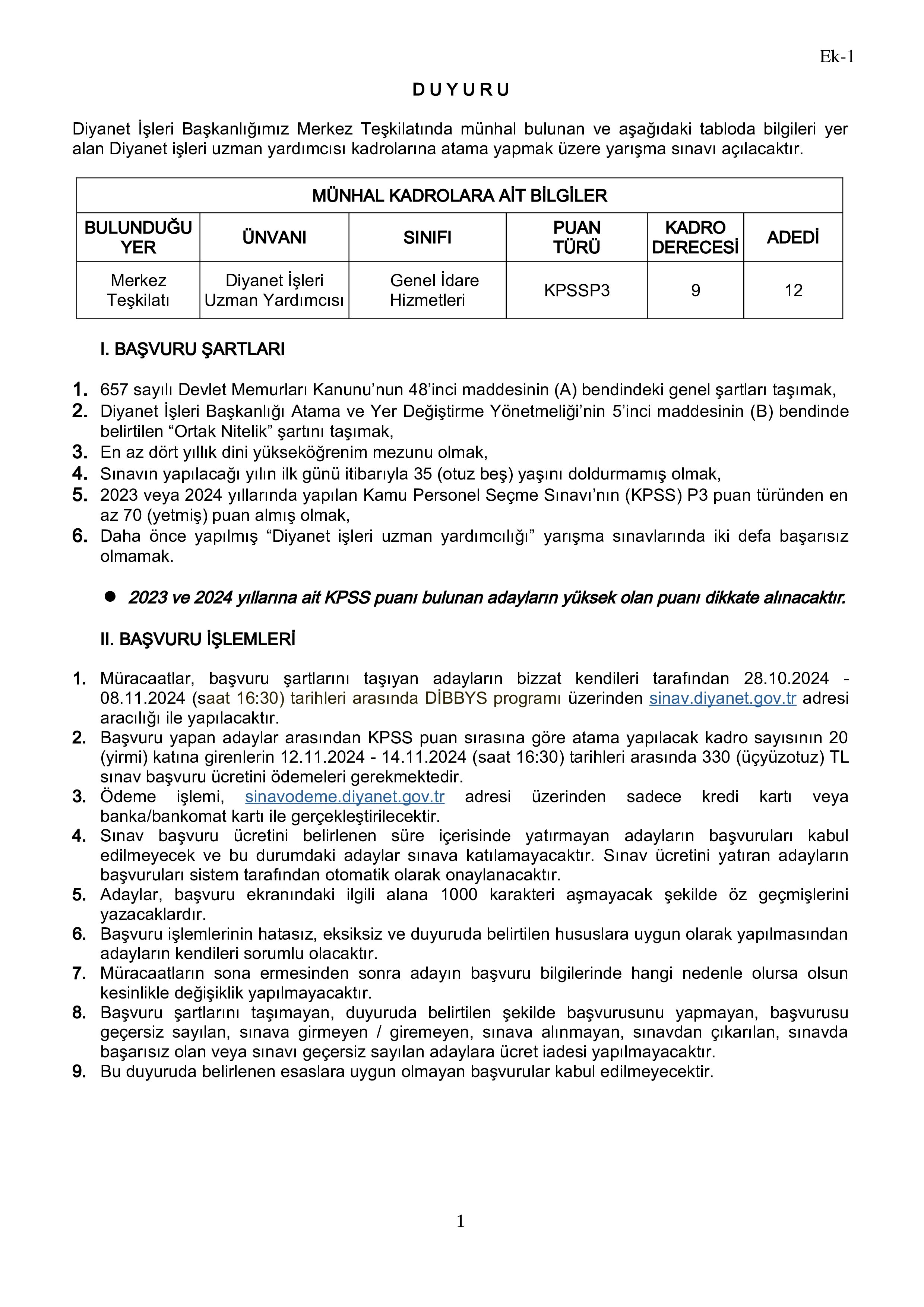 DİYANET İŞLERİ BAŞKANLIĞI DİYANET İŞLERİ UZMAN YARDIMCISI YARIŞMA SINAVI ( 28 Ekim - 8 Kasım) İlan İçeriği Sayfa 1