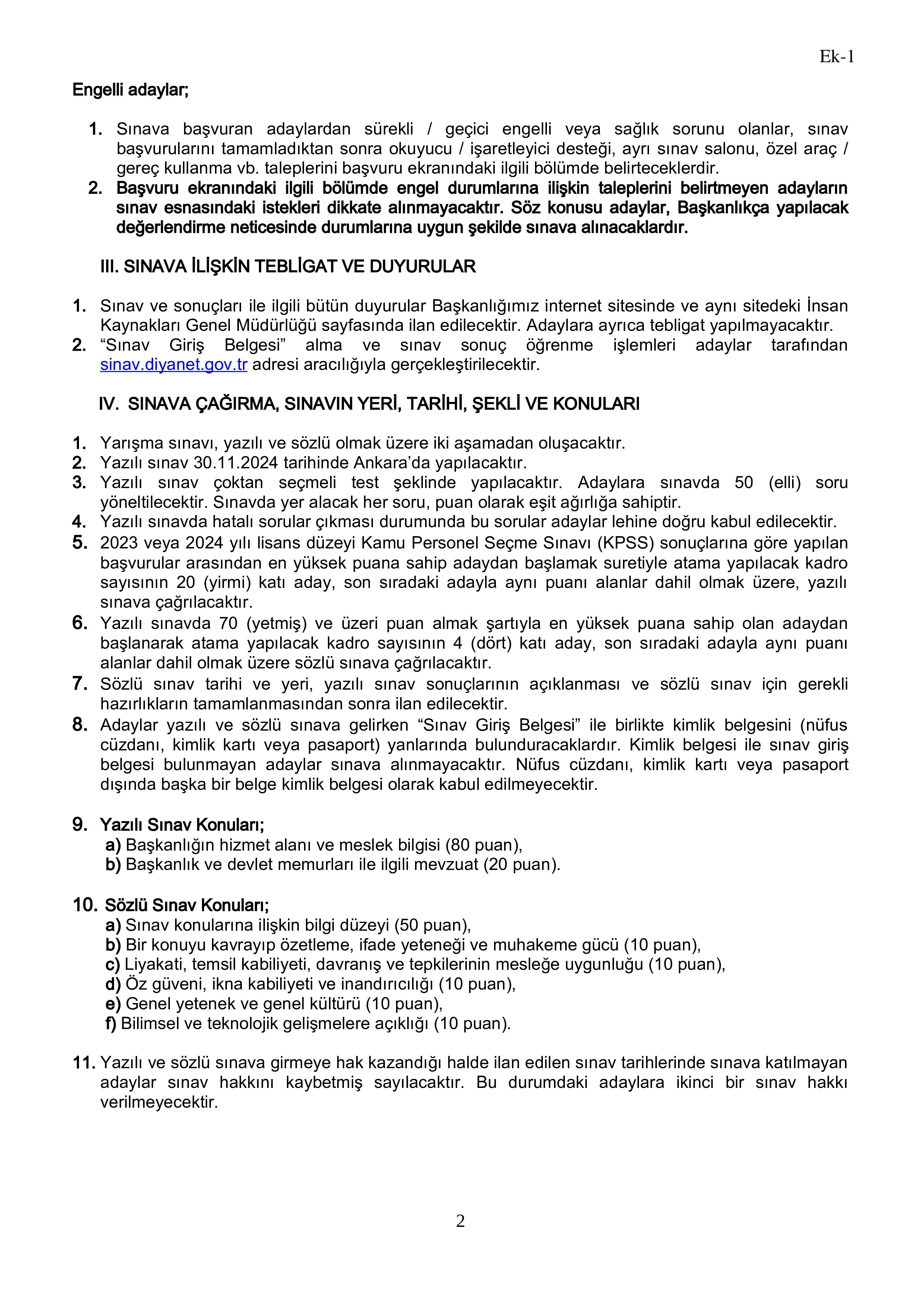 DİYANET İŞLERİ BAŞKANLIĞI DİYANET İŞLERİ UZMAN YARDIMCISI YARIŞMA SINAVI ( 28 Ekim - 8 Kasım) İlan İçeriği Sayfa 2