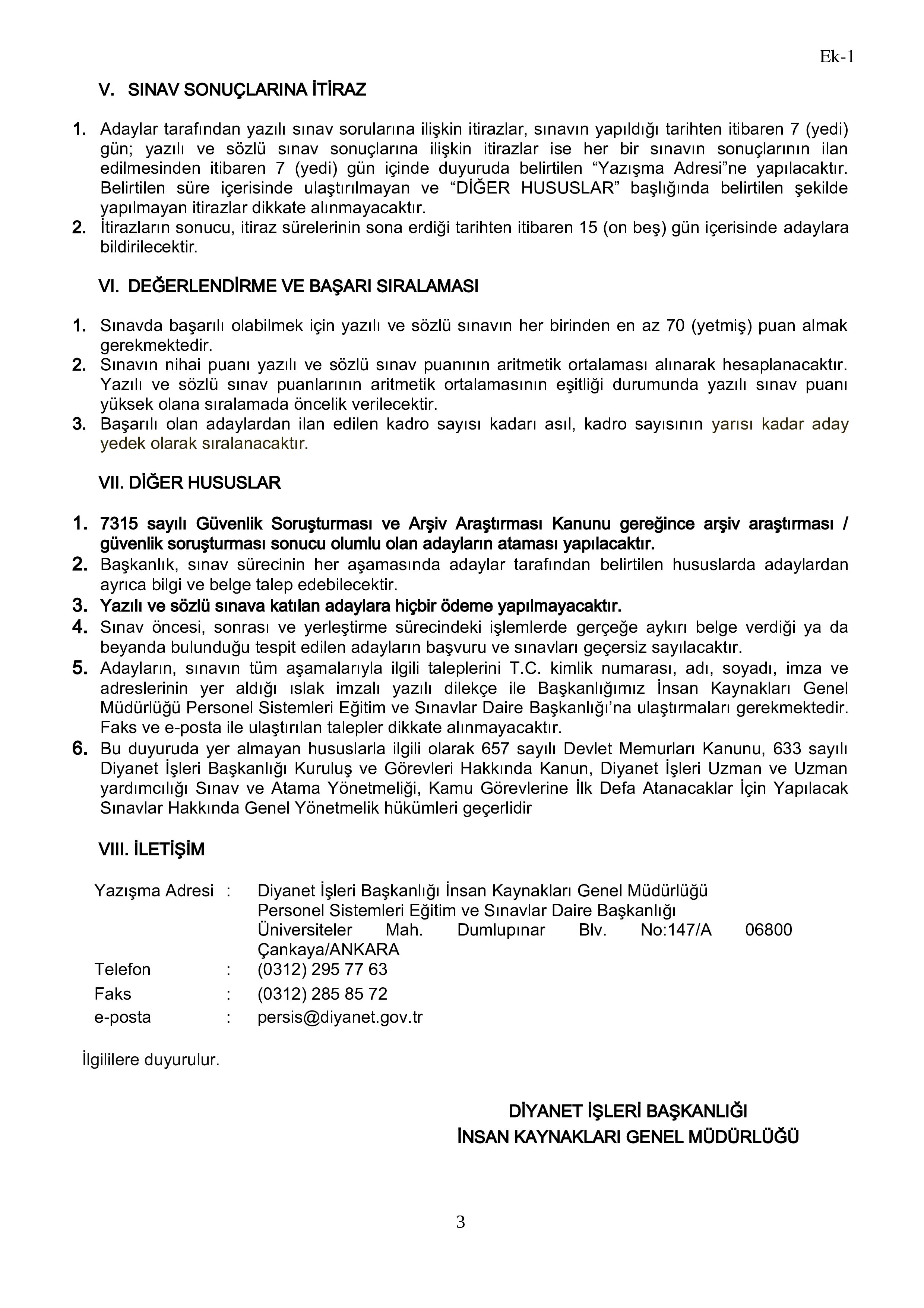 DİYANET İŞLERİ BAŞKANLIĞI DİYANET İŞLERİ UZMAN YARDIMCISI YARIŞMA SINAVI ( 28 Ekim - 8 Kasım) İlan İçeriği Sayfa 3