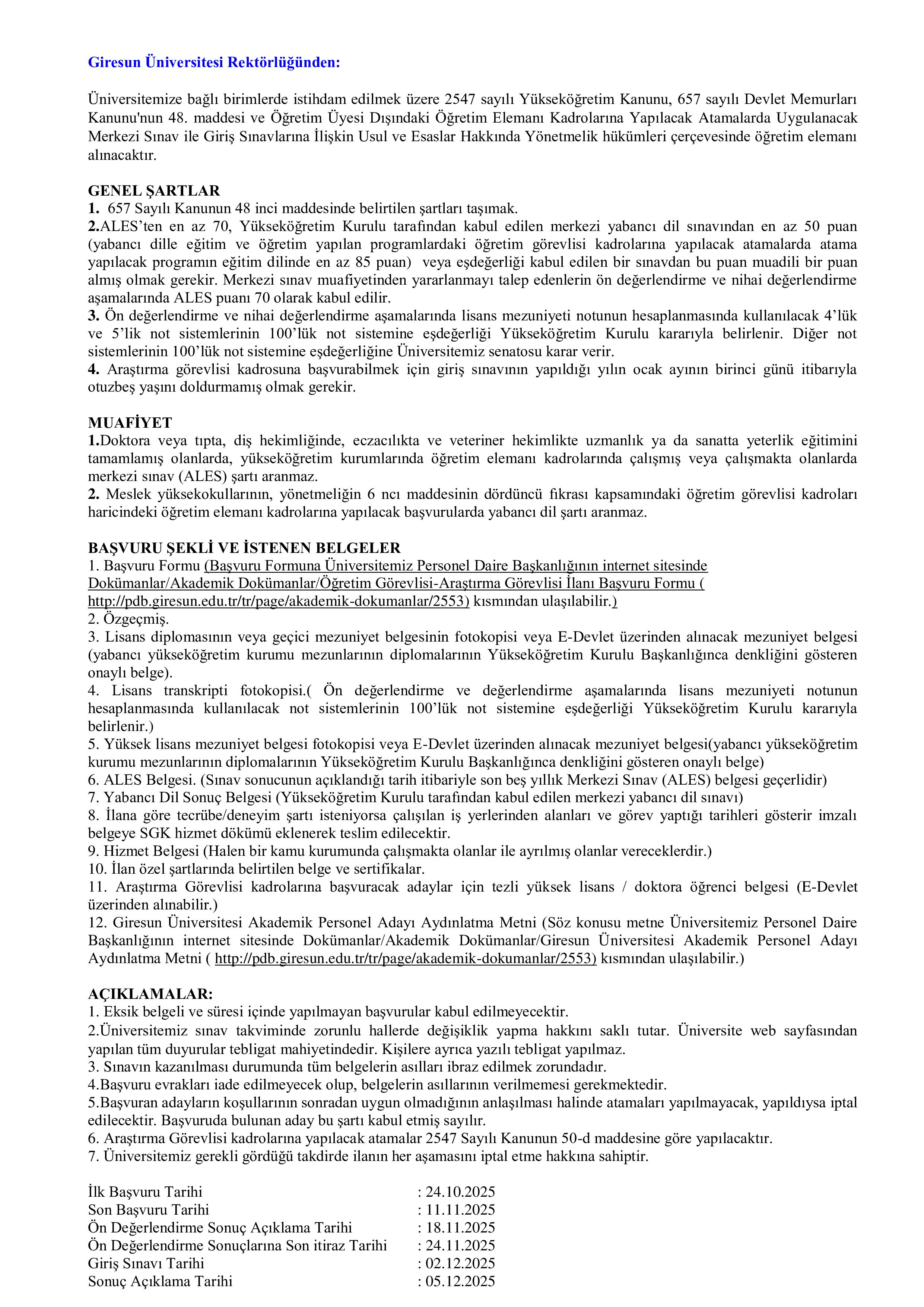 İlan İçeriği Sayfa 1 GİRESUN ÜNİVERSİTESİ 18 ÖĞRETİM ÜYESİ ALACAK ( 24 Ekim - 11 Kasım) İlan İçeriği Sayfa 1