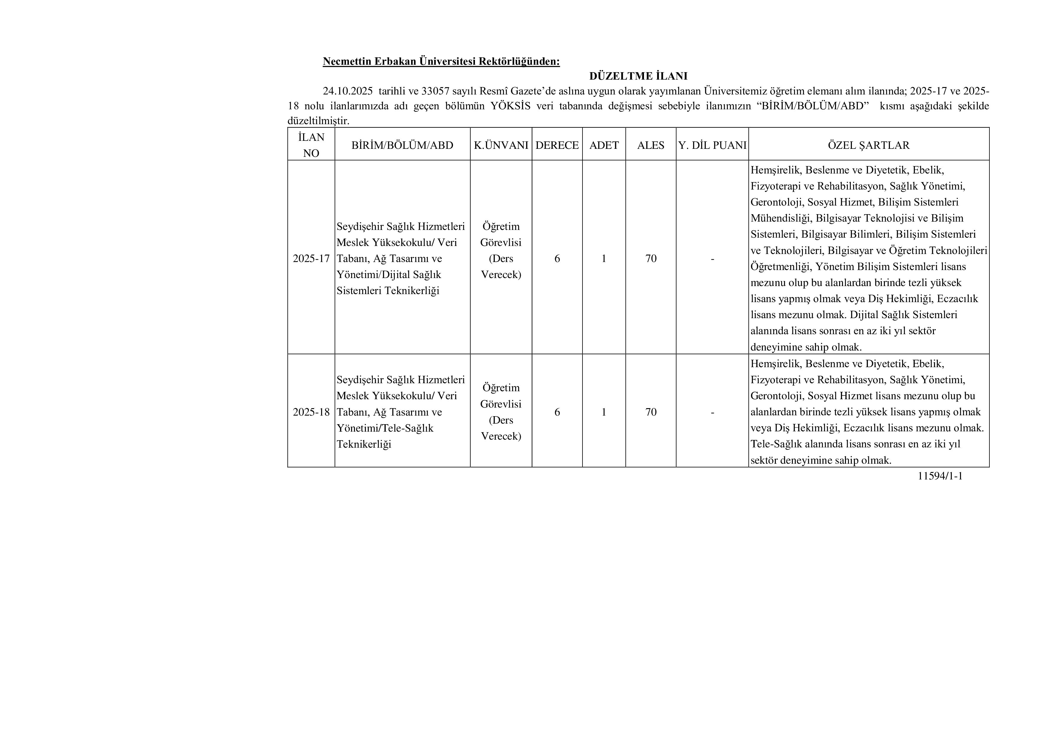 İlan İçeriği Sayfa 1 NECMETTİN ERBAKAN ÜNİVERSİTESİ 2 ÖĞRETİM ELEMANI ALACAK (DÜZELTME İLANI) ( 24 Ekim - 10 Kasım) İlan İçeriği Sayfa 1