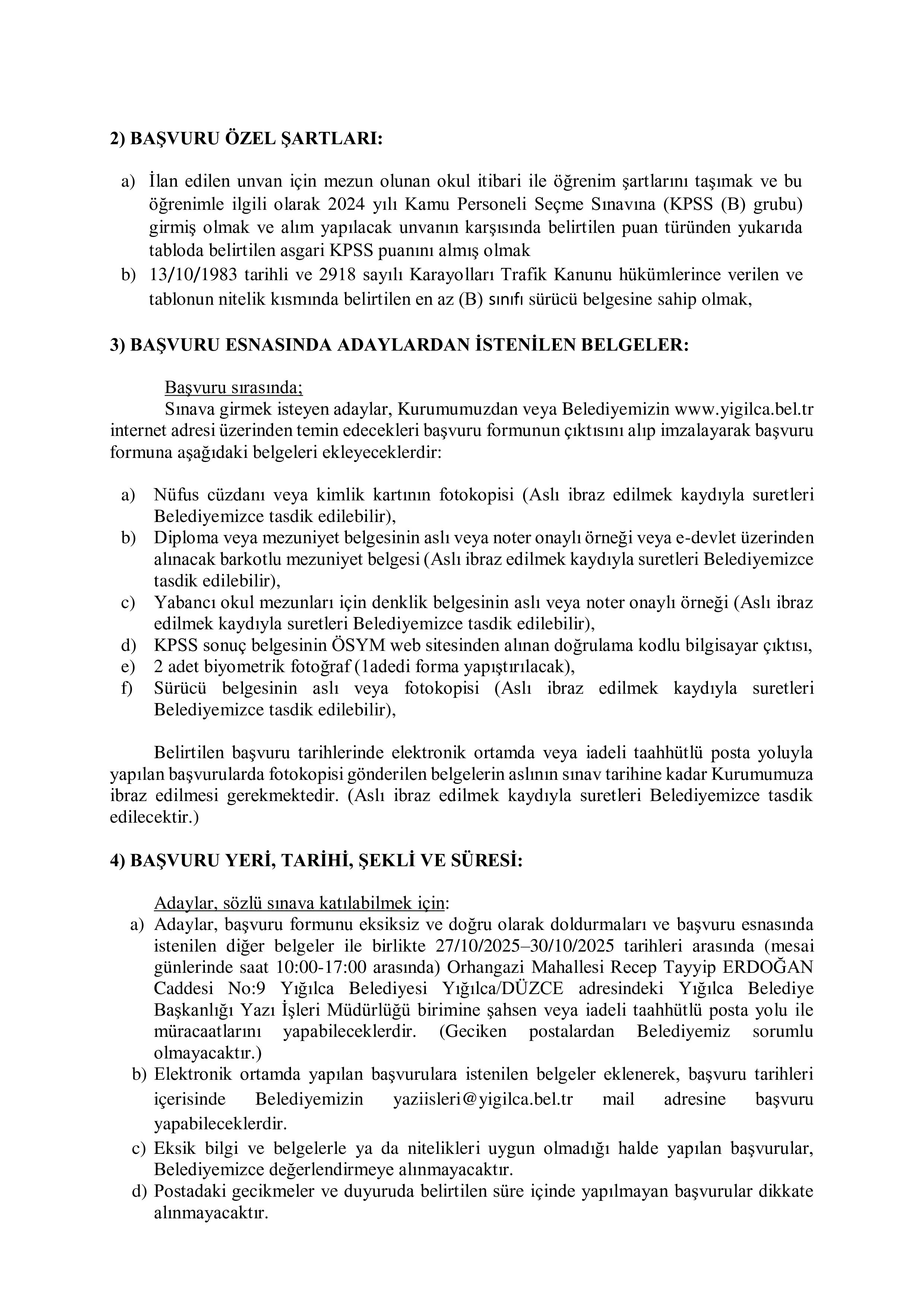 YIĞILCA BELEDİYE BAŞKANLIĞI 1 MEMUR ALACAK ( 27 Ekim - 30 Ekim) İlan İçeriği Sayfa 2