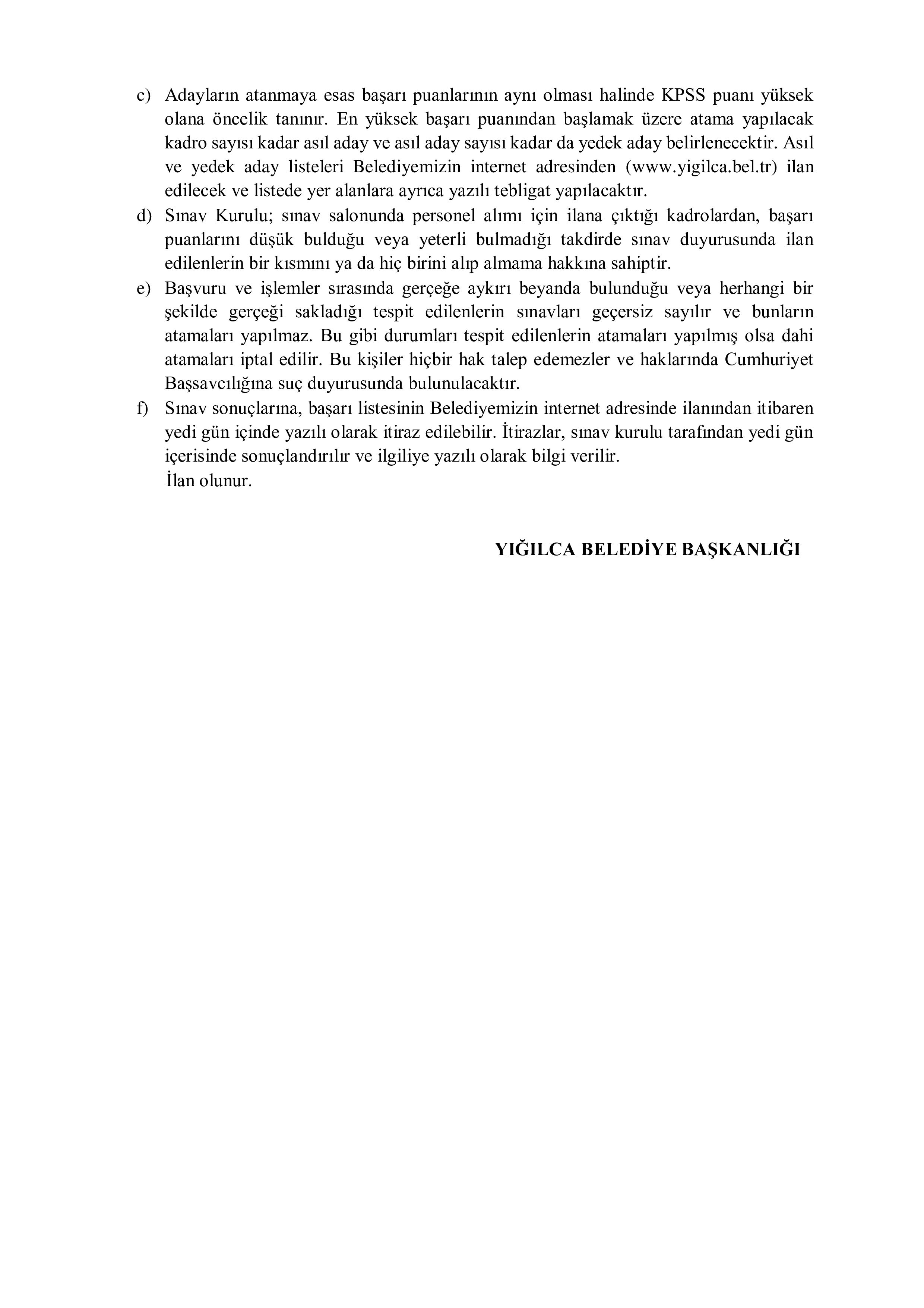YIĞILCA BELEDİYE BAŞKANLIĞI 1 MEMUR ALACAK ( 27 Ekim - 30 Ekim) İlan İçeriği Sayfa 4