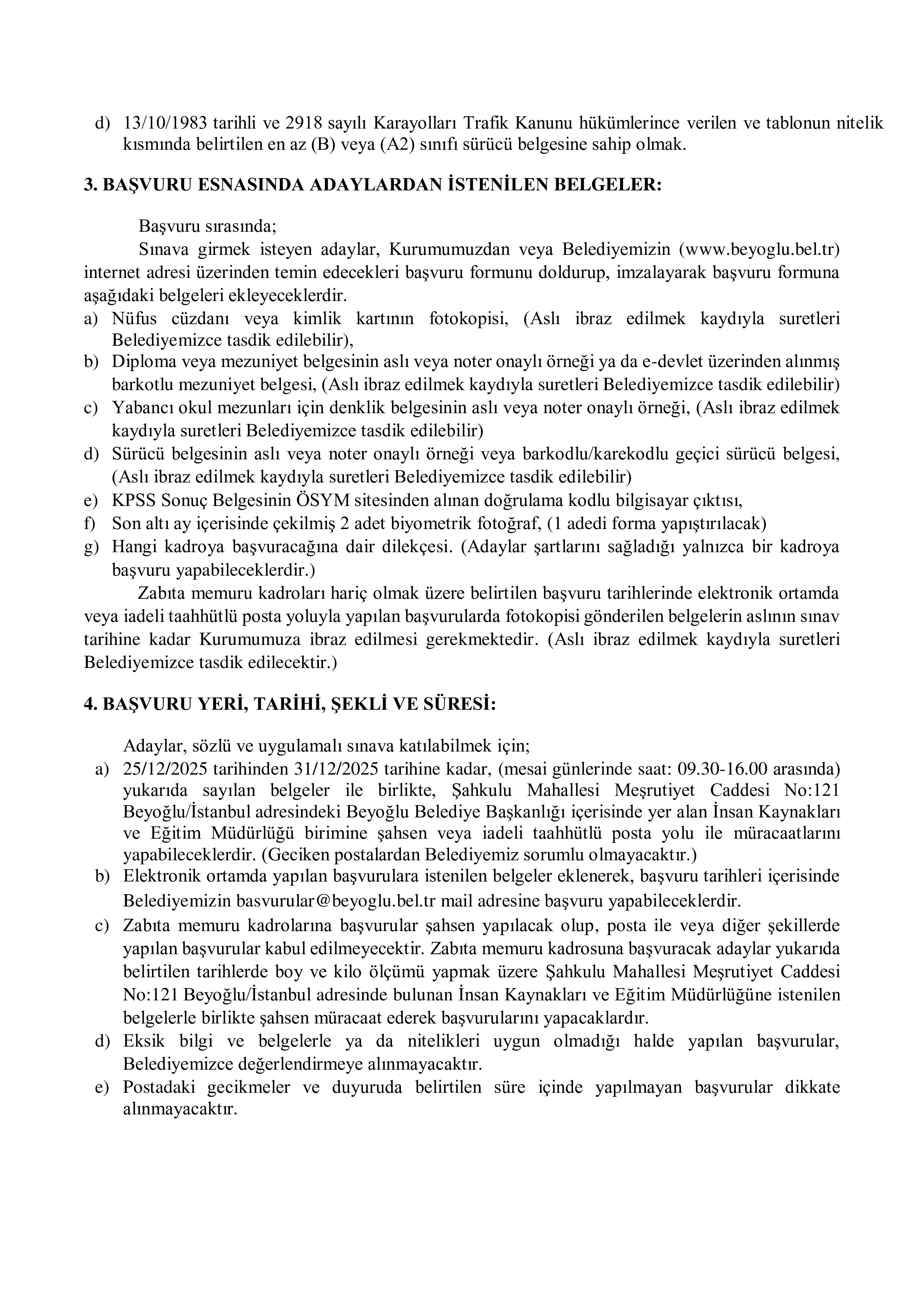 BEYOĞLU (İSTANBUL) BELEDİYE BAŞKANLIĞI 26 MEMUR ALACAK ( 25 Aralık - 31 Aralık) İlan İçeriği Sayfa 3