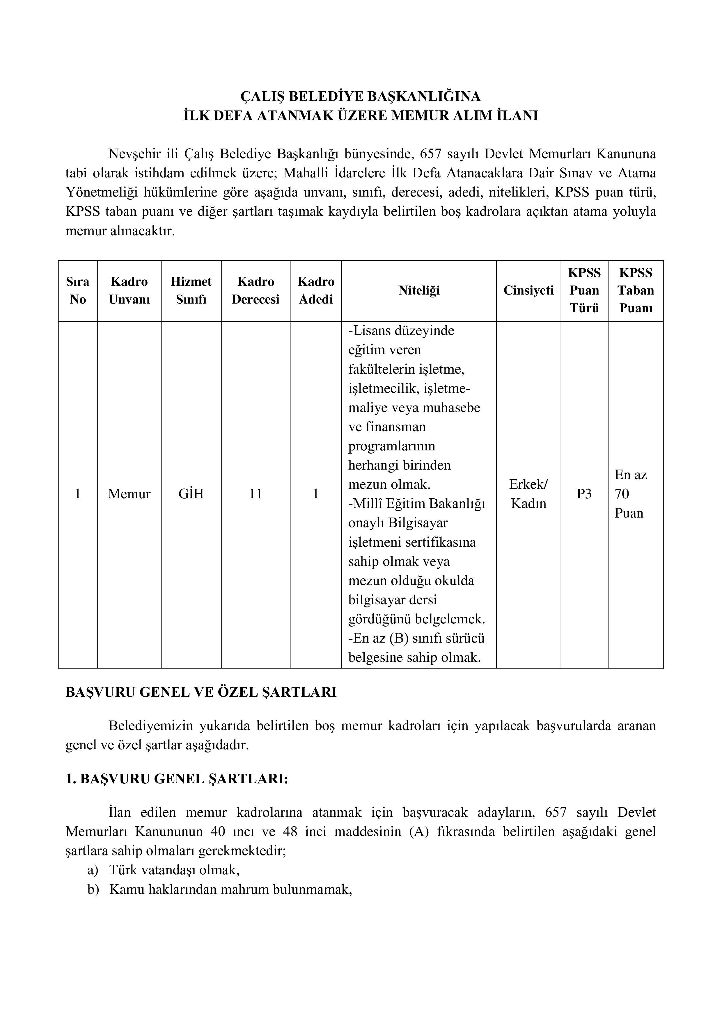ÇALIŞ (NEVŞEHİR) BELEDİYE BAŞKANLIĞI 1 MEMUR ALACAK ( 5 Mayıs - 9 Mayıs) İlan İçeriği Sayfa 1