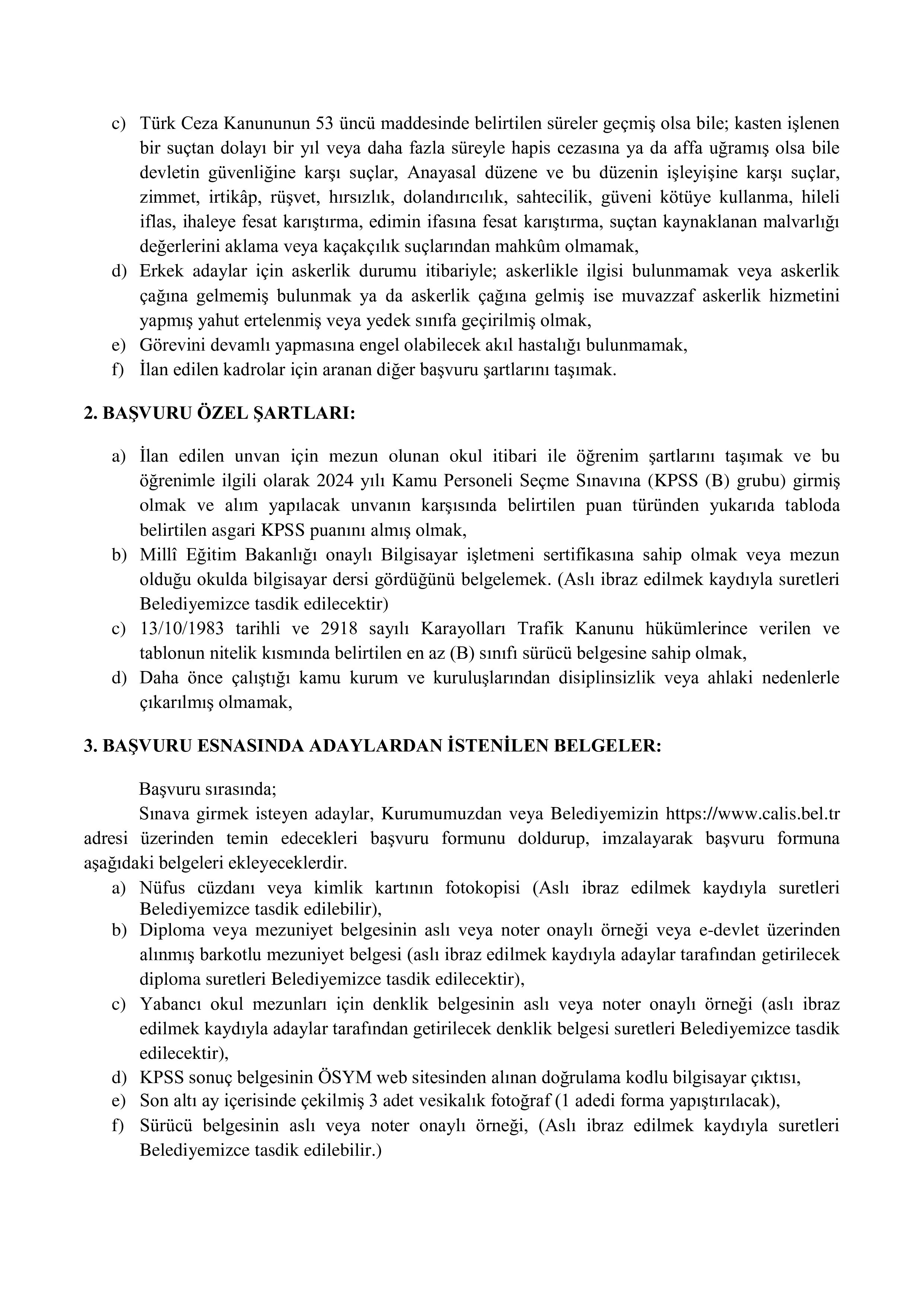 ÇALIŞ (NEVŞEHİR) BELEDİYE BAŞKANLIĞI 1 MEMUR ALACAK ( 5 Mayıs - 9 Mayıs) İlan İçeriği Sayfa 2