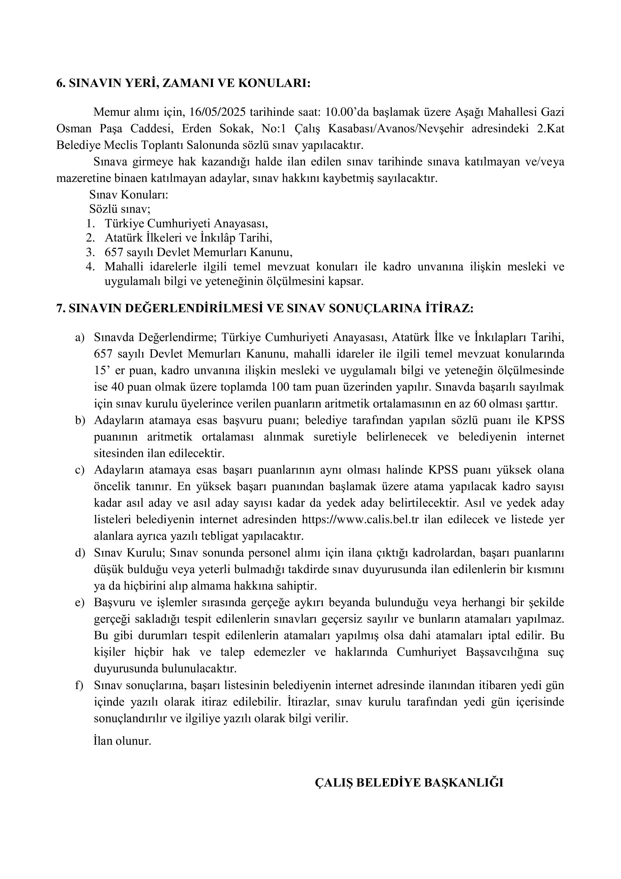 ÇALIŞ (NEVŞEHİR) BELEDİYE BAŞKANLIĞI 1 MEMUR ALACAK ( 5 Mayıs - 9 Mayıs) İlan İçeriği Sayfa 4