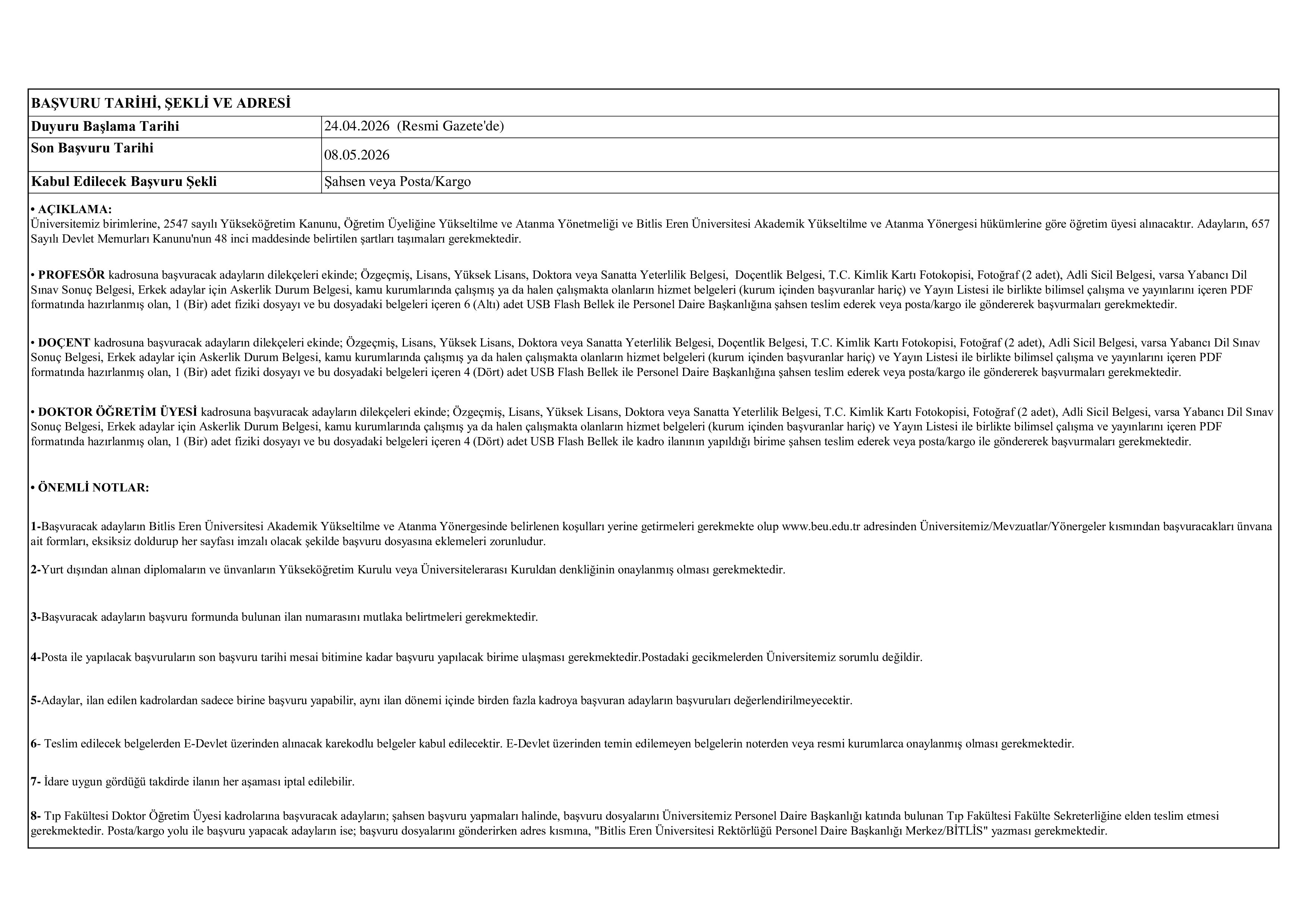 BİTLİS EREN ÜNİVERSİTESİ 6 ÖĞRETİM ÜYESİ ALACAK ( 24 Nisan - 8 Mayıs) İlan İçeriği Sayfa 2