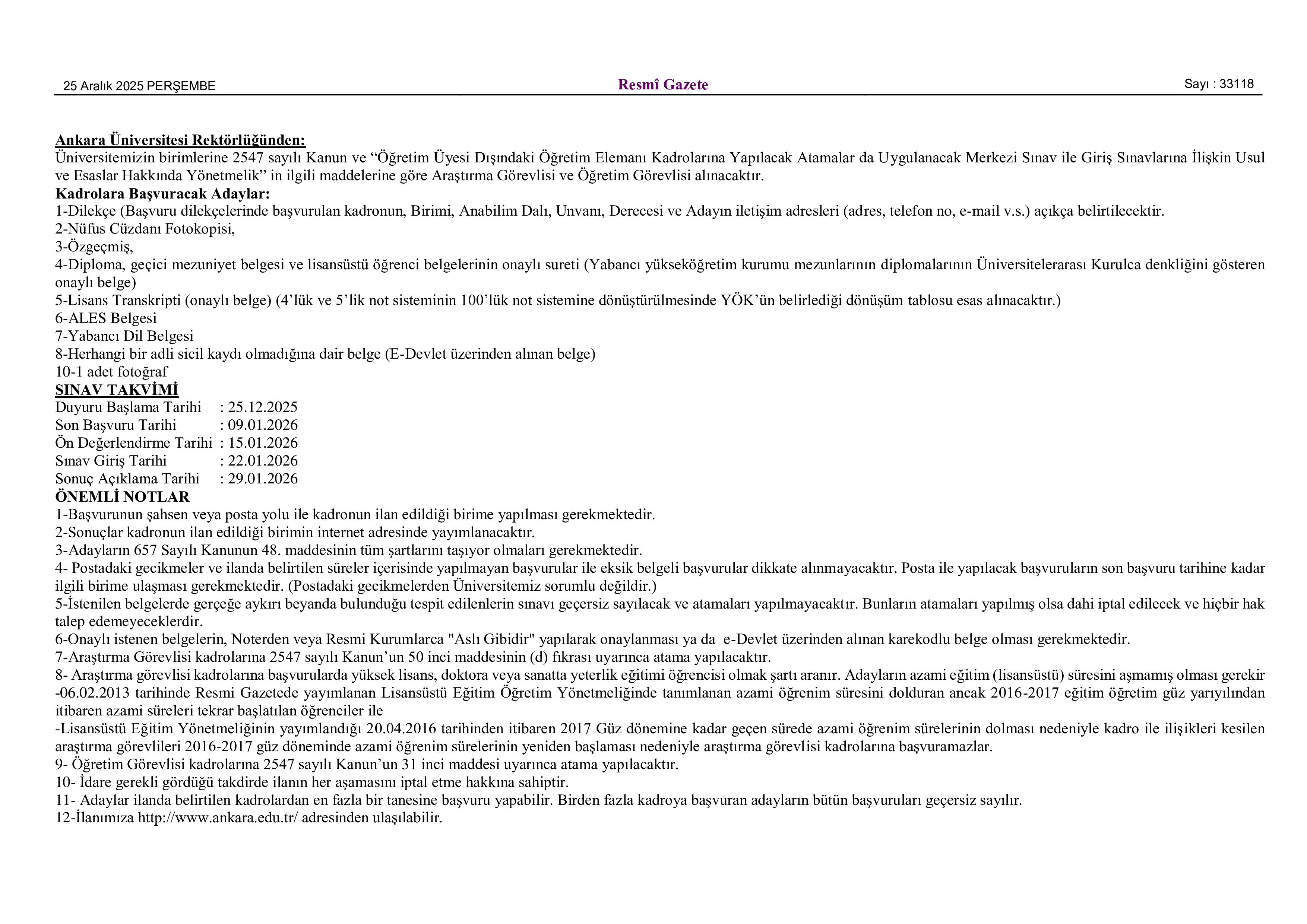 ANKARA ÜNİVERSİTESİ 18 ÖĞRETİM ELEMANI ALACAK ( 25 Aralık - 9 Ocak) İlan İçeriği Sayfa 1