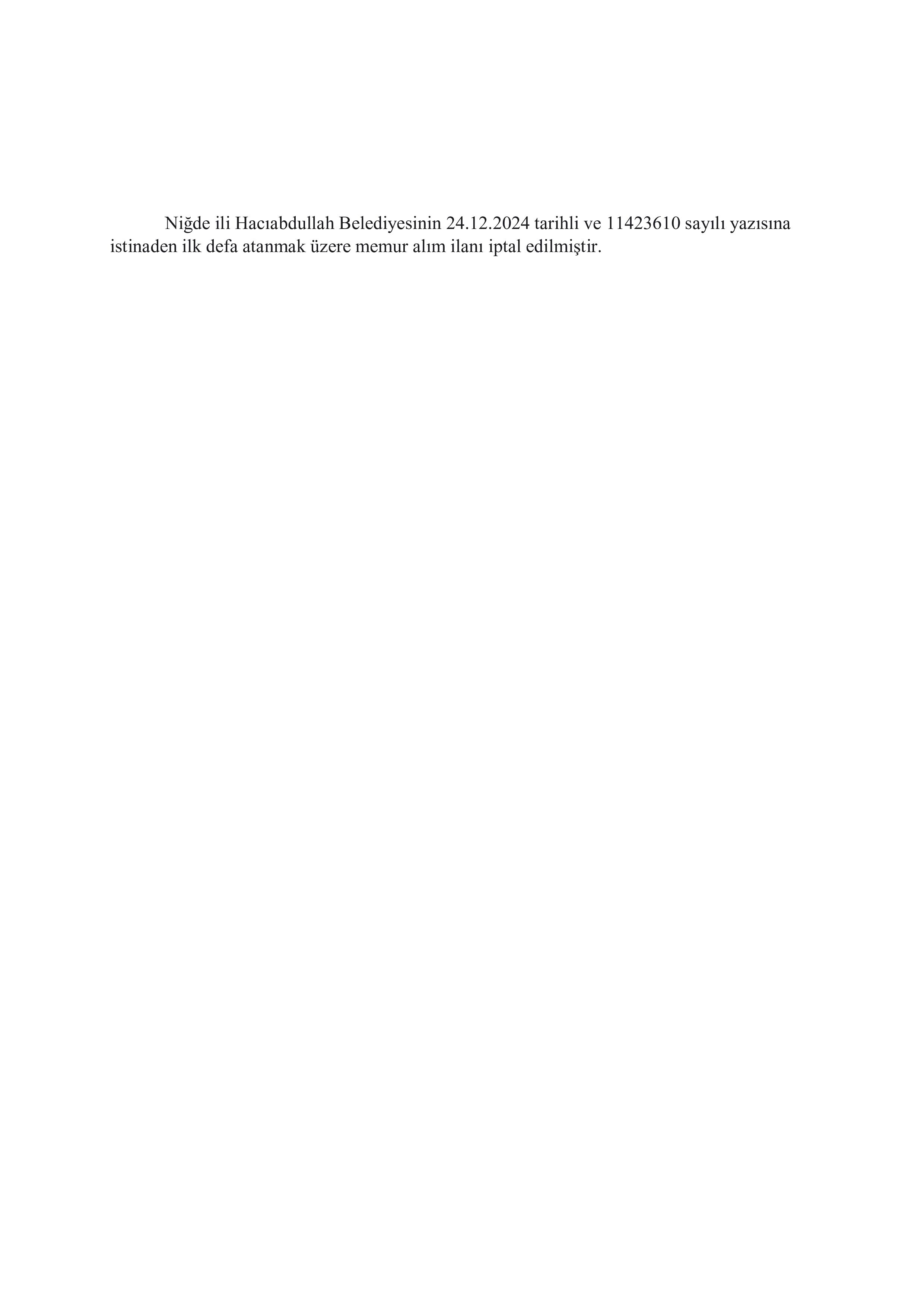 HACIABDULLAH BELEDİYE BAŞKANLIĞI ALIM İPTALİ  ( 25 Aralık - 5 Ocak) İlan İçeriği Sayfa 1