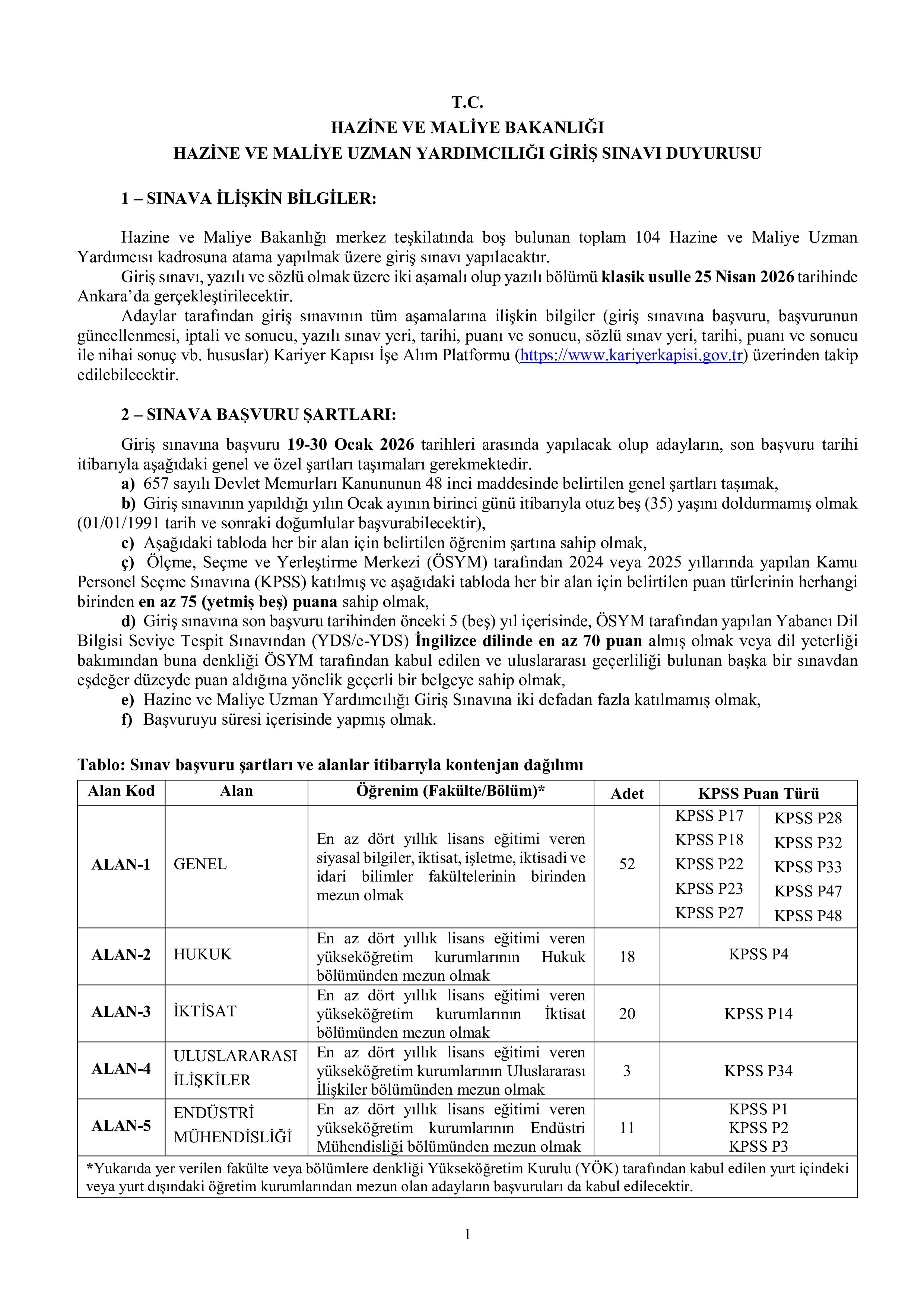 HAZİNE VE MALİYE BAKANLIĞI 104 HAZİNE VE MALİYE UZMAN YARDIMCISI ALACAK ( 19 Ocak - 30 Ocak) İlan İçeriği Sayfa 1