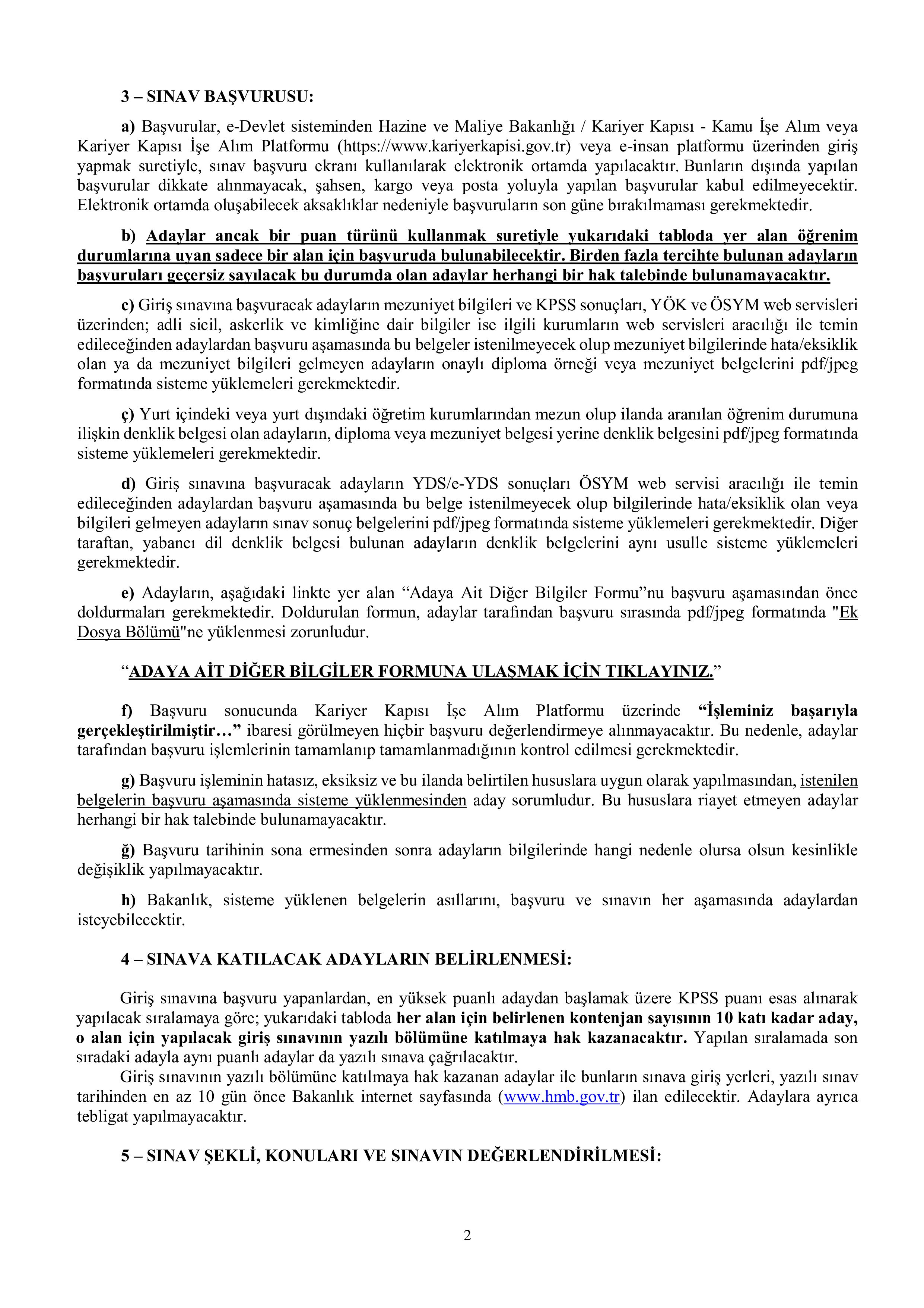 HAZİNE VE MALİYE BAKANLIĞI 104 HAZİNE VE MALİYE UZMAN YARDIMCISI ALACAK ( 19 Ocak - 30 Ocak) İlan İçeriği Sayfa 2