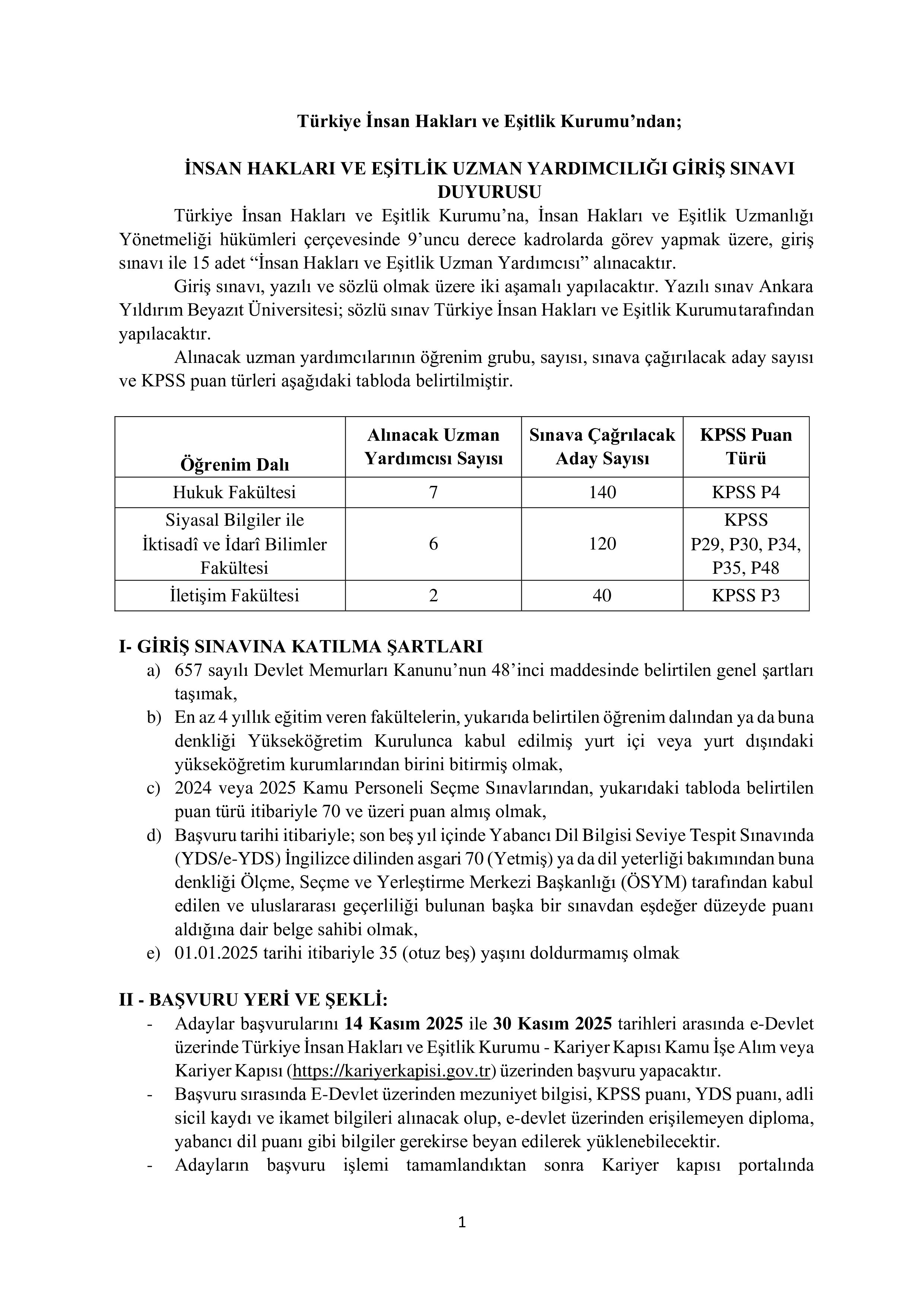 İlan İçeriği Sayfa 1 TÜRKİYE İNSAN HAKLARI VE EŞİTLİK KURUMU 15 İNSAN HAKLARI VE EŞİTLİK UZMAN YARDIMCISI ALIM SINAVI ( 14 Kasım - 30 Kasım) İlan İçeriği Sayfa 1