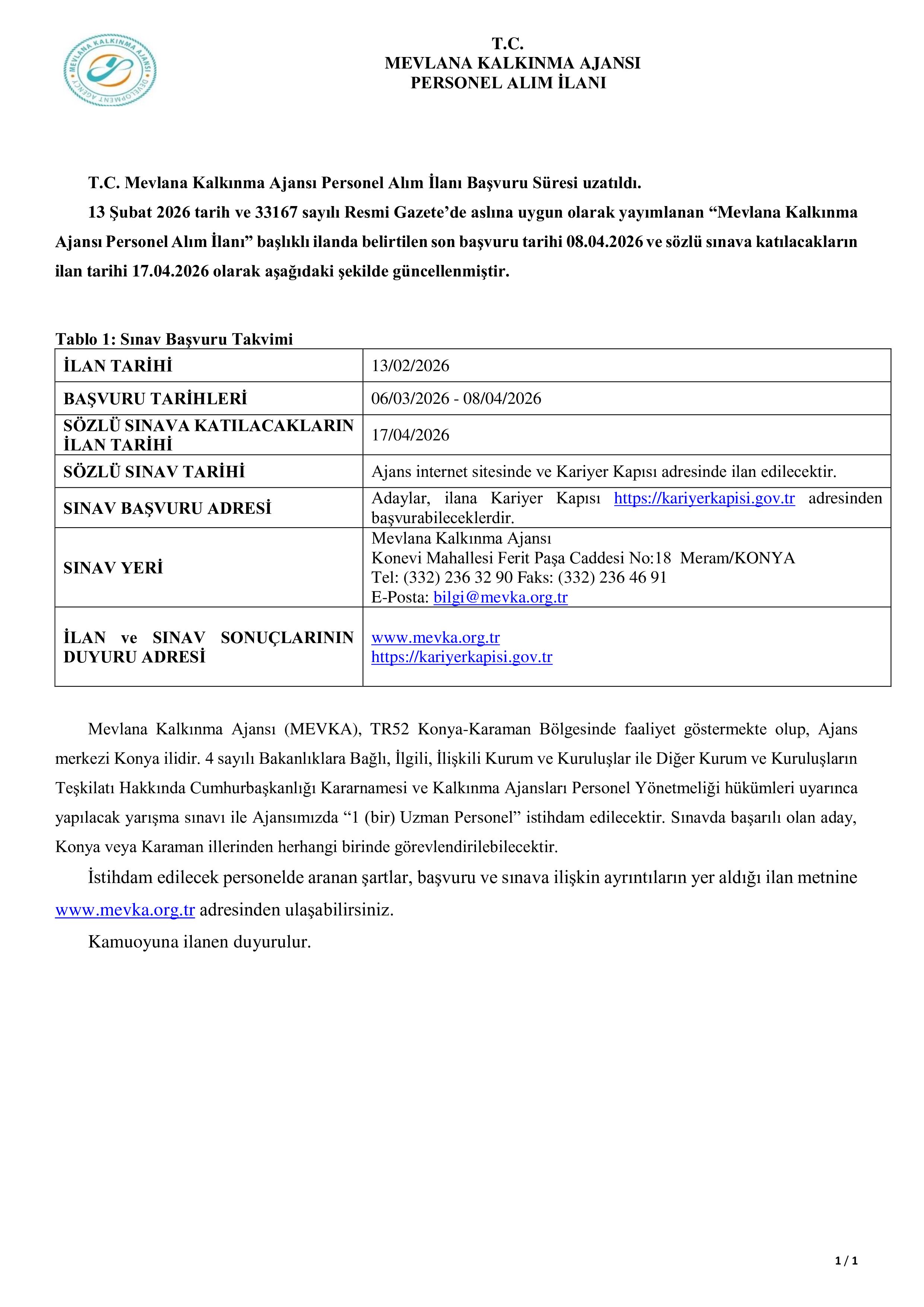 MEVLANA KALKINMA AJANSI DÜZELTME İLANI ( 25 Mart - 8 Nisan) İlan İçeriği Sayfa 1