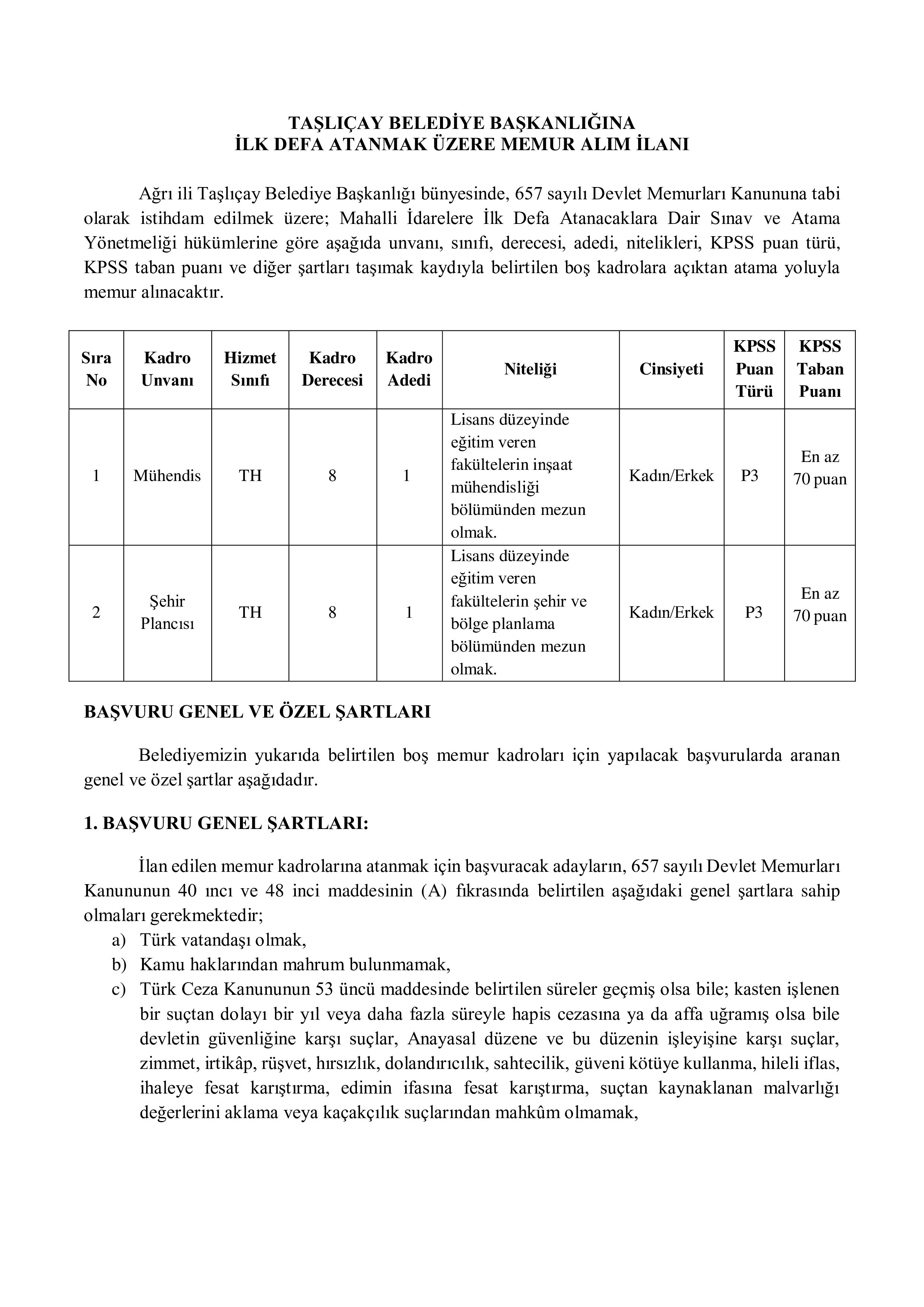 İlan İçeriği Sayfa 1 TAŞLIÇAY BELEDİYE BAŞKANLIĞI 2 MEMUR ALACAK ( 11 Mayıs - 13 Mayıs) İlan İçeriği Sayfa 1