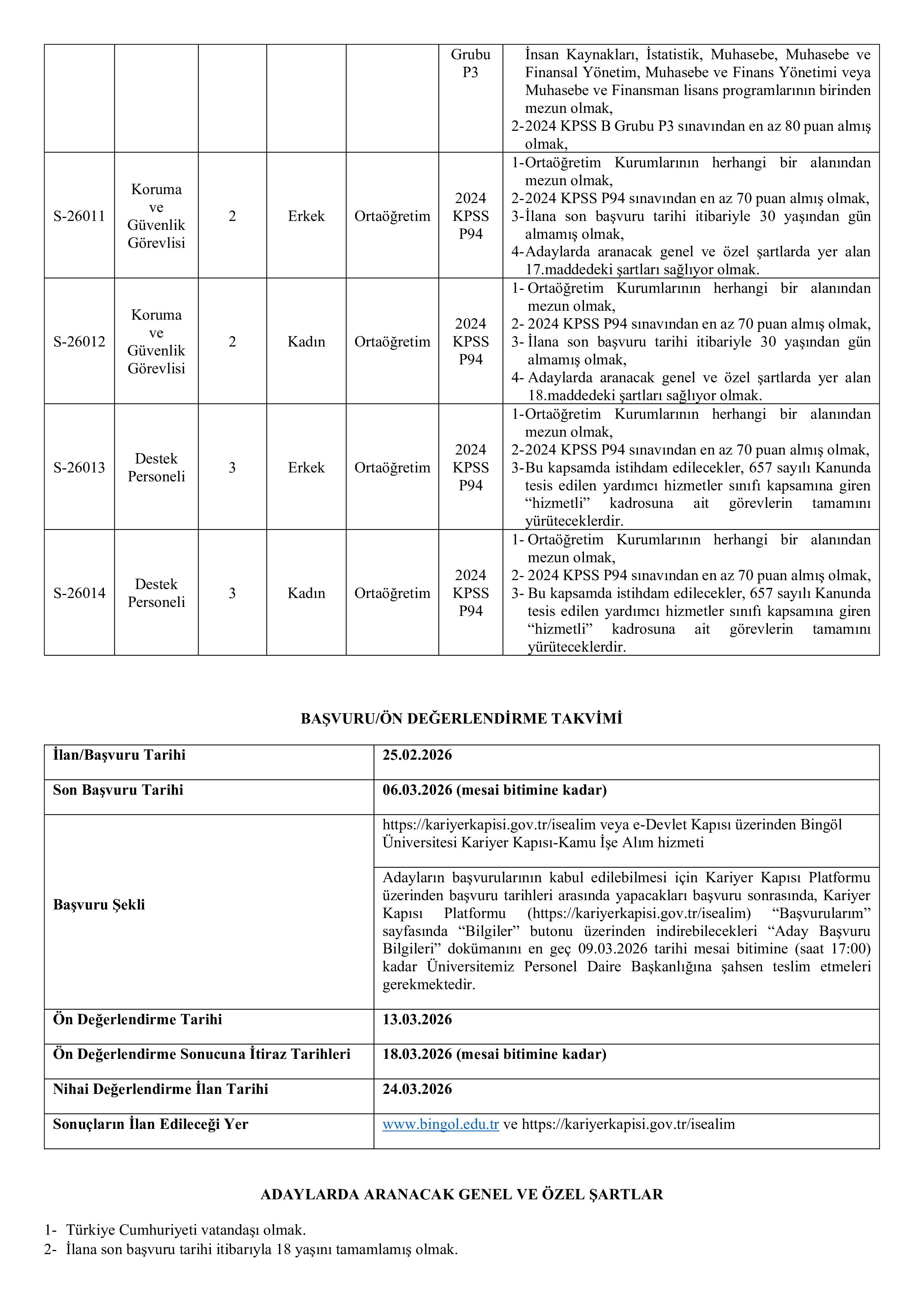 BİNGÖL ÜNİVERSİTESİ 26 SÖZLEŞMELİ PERSONEL ALACAK ( 25 Şubat - 6 Mart) İlan İçeriği Sayfa 2