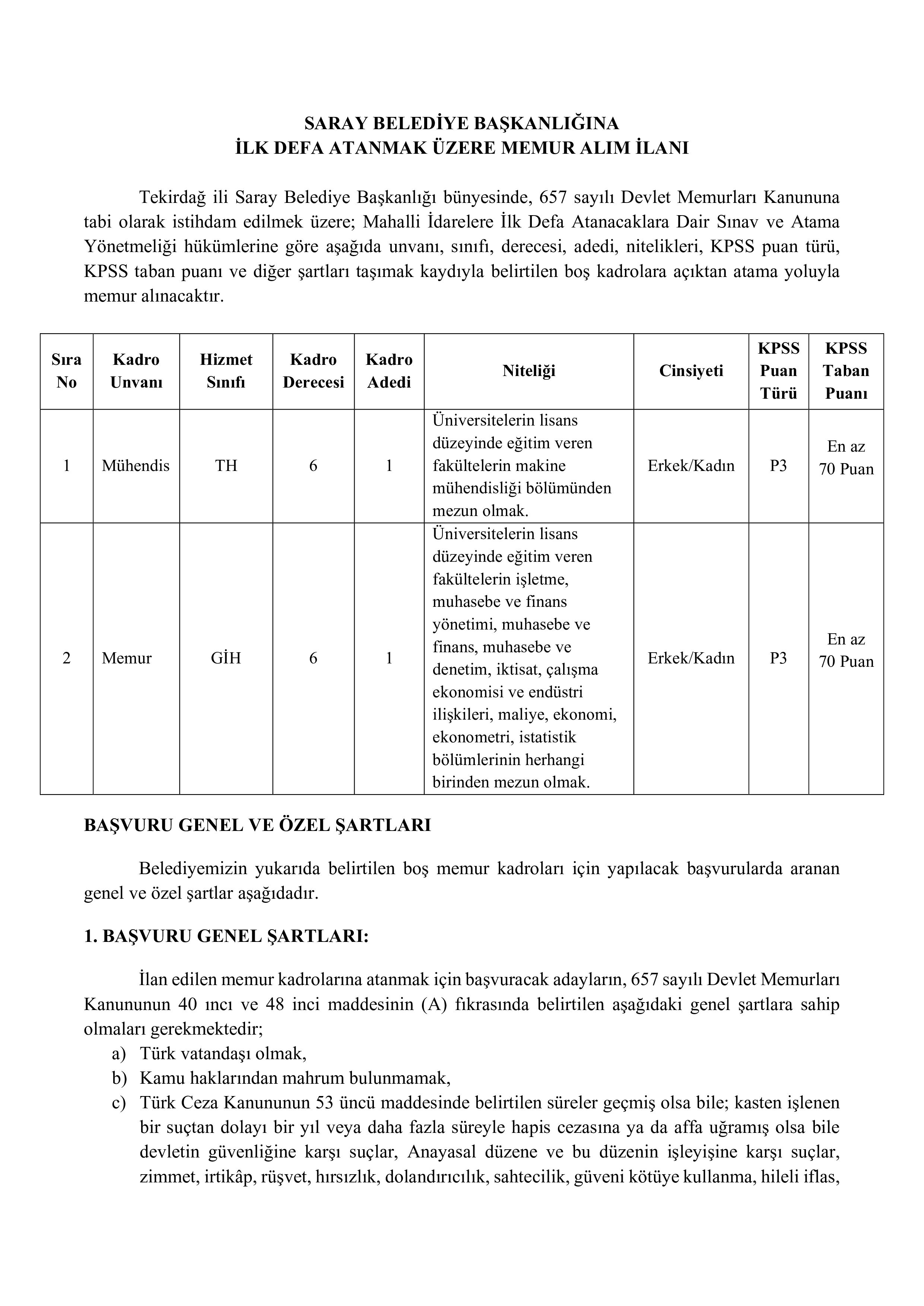 SARAY (TEKİRDAĞ) BELEDİYE BAŞKANLIĞI 2 MEMUR ALACAK ( 27 Nisan - 30 Nisan) İlan İçeriği Sayfa 1