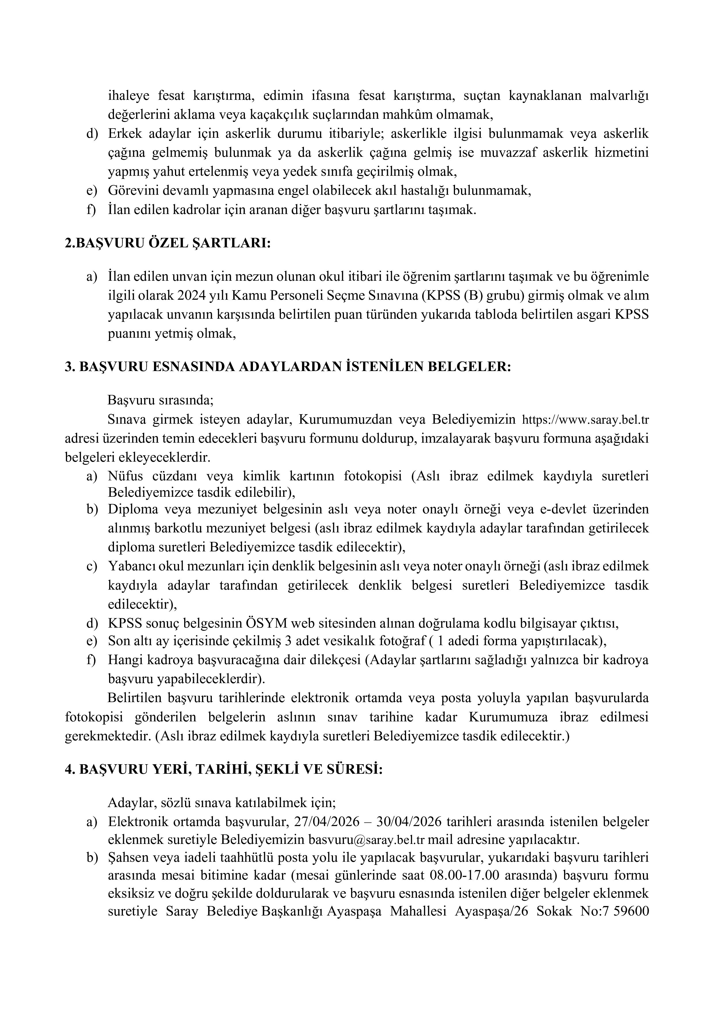 SARAY (TEKİRDAĞ) BELEDİYE BAŞKANLIĞI 2 MEMUR ALACAK ( 27 Nisan - 30 Nisan) İlan İçeriği Sayfa 2