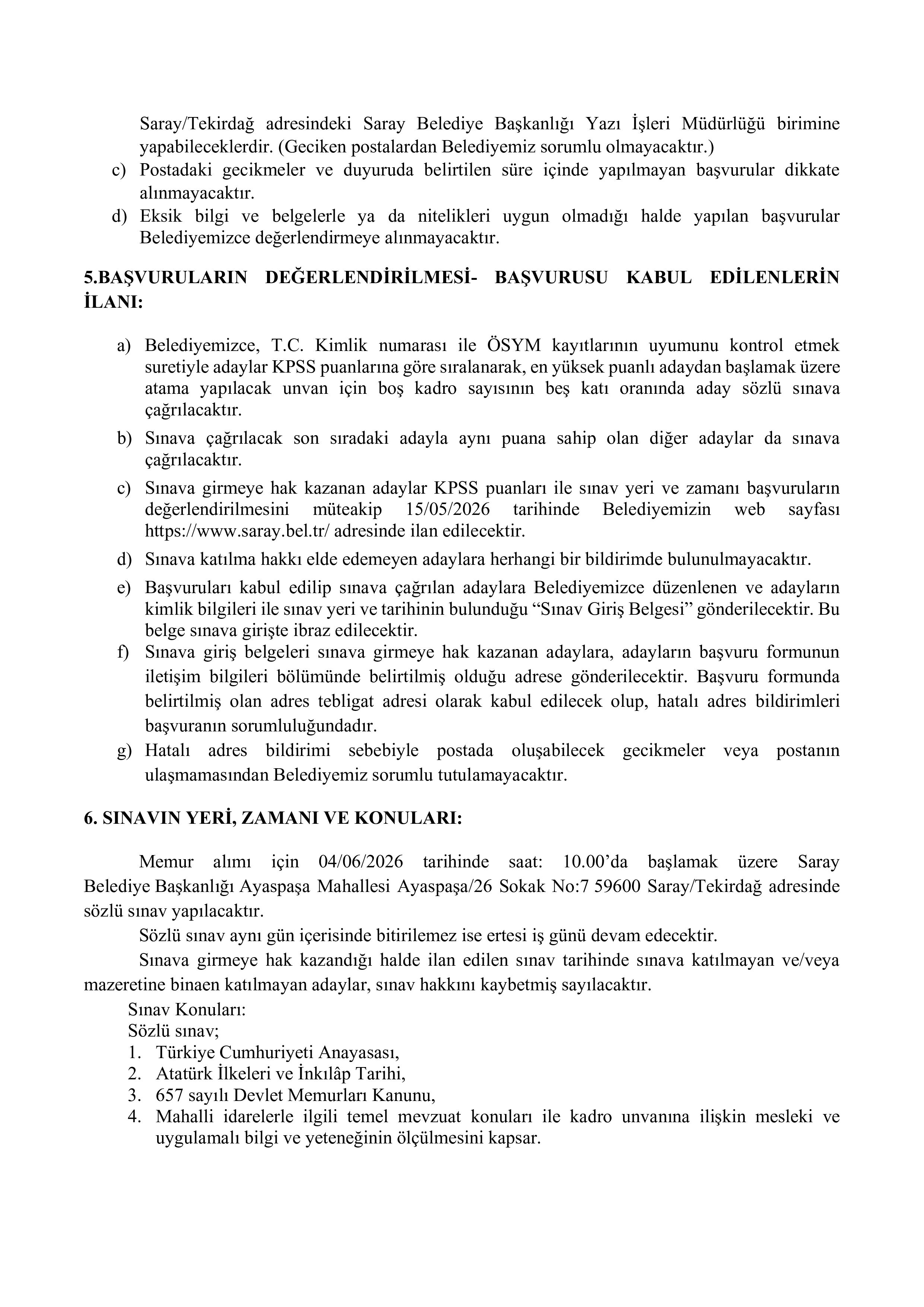 SARAY (TEKİRDAĞ) BELEDİYE BAŞKANLIĞI 2 MEMUR ALACAK ( 27 Nisan - 30 Nisan) İlan İçeriği Sayfa 3