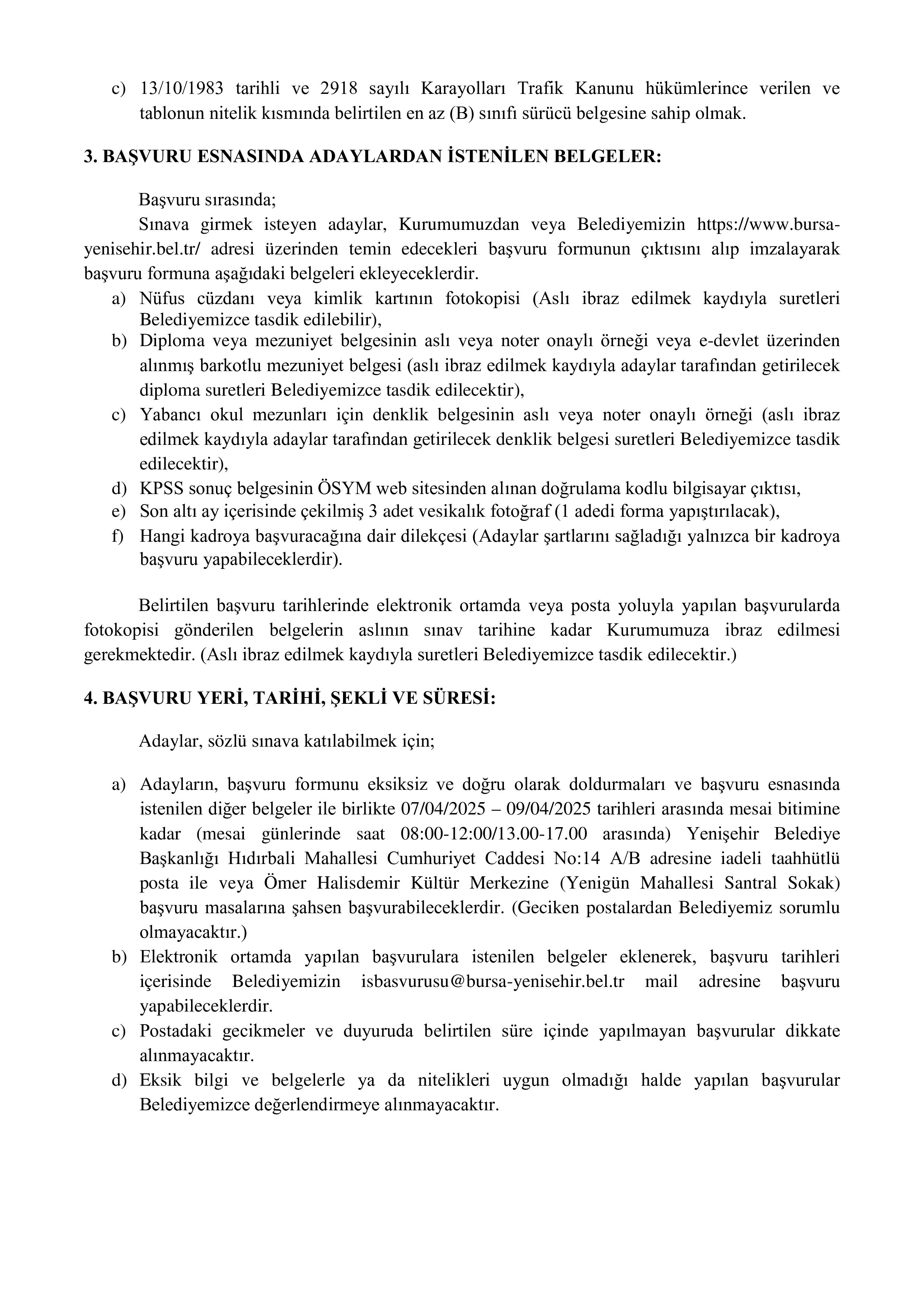 YENİŞEHİR (BURSA) BELEDİYE BAŞKANLIĞI 3 MÜHENDİS ALACAK ( 7 Nisan - 9 Nisan) İlan İçeriği Sayfa 3