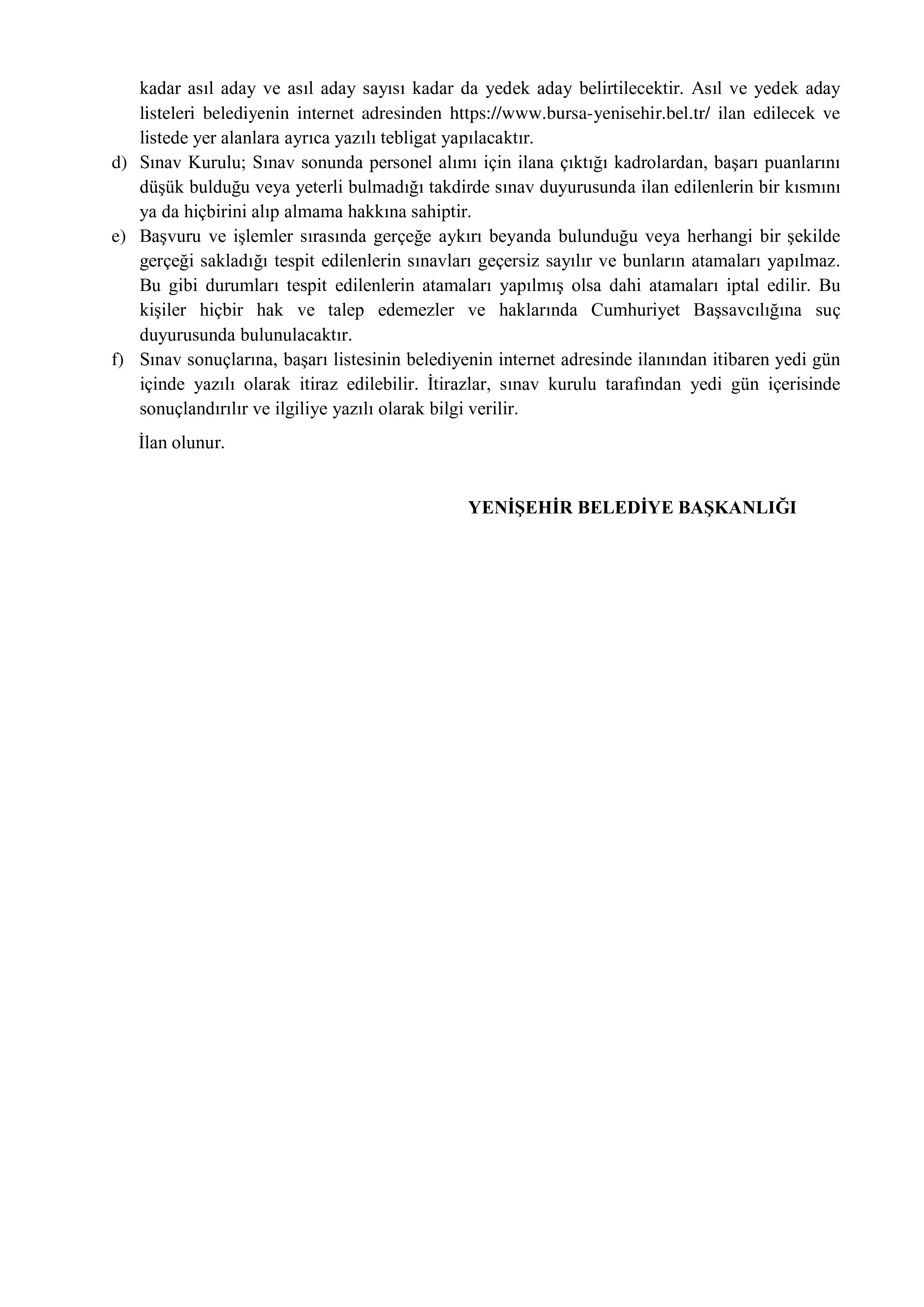 YENİŞEHİR (BURSA) BELEDİYE BAŞKANLIĞI 3 MÜHENDİS ALACAK ( 7 Nisan - 9 Nisan) İlan İçeriği Sayfa 5