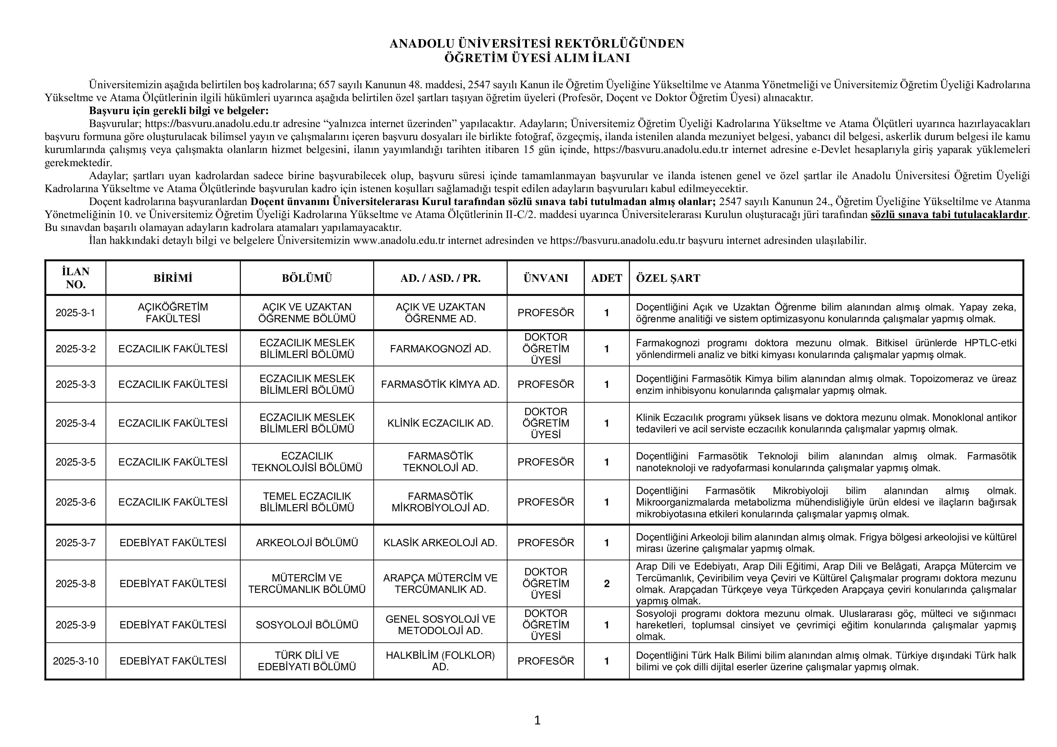 ANADOLU ÜNİVERSİTESİ 45 ÖĞRETİM ÜYESİ ALACAK ( 26 Aralık - 9 Ocak) İlan İçeriği Sayfa 1