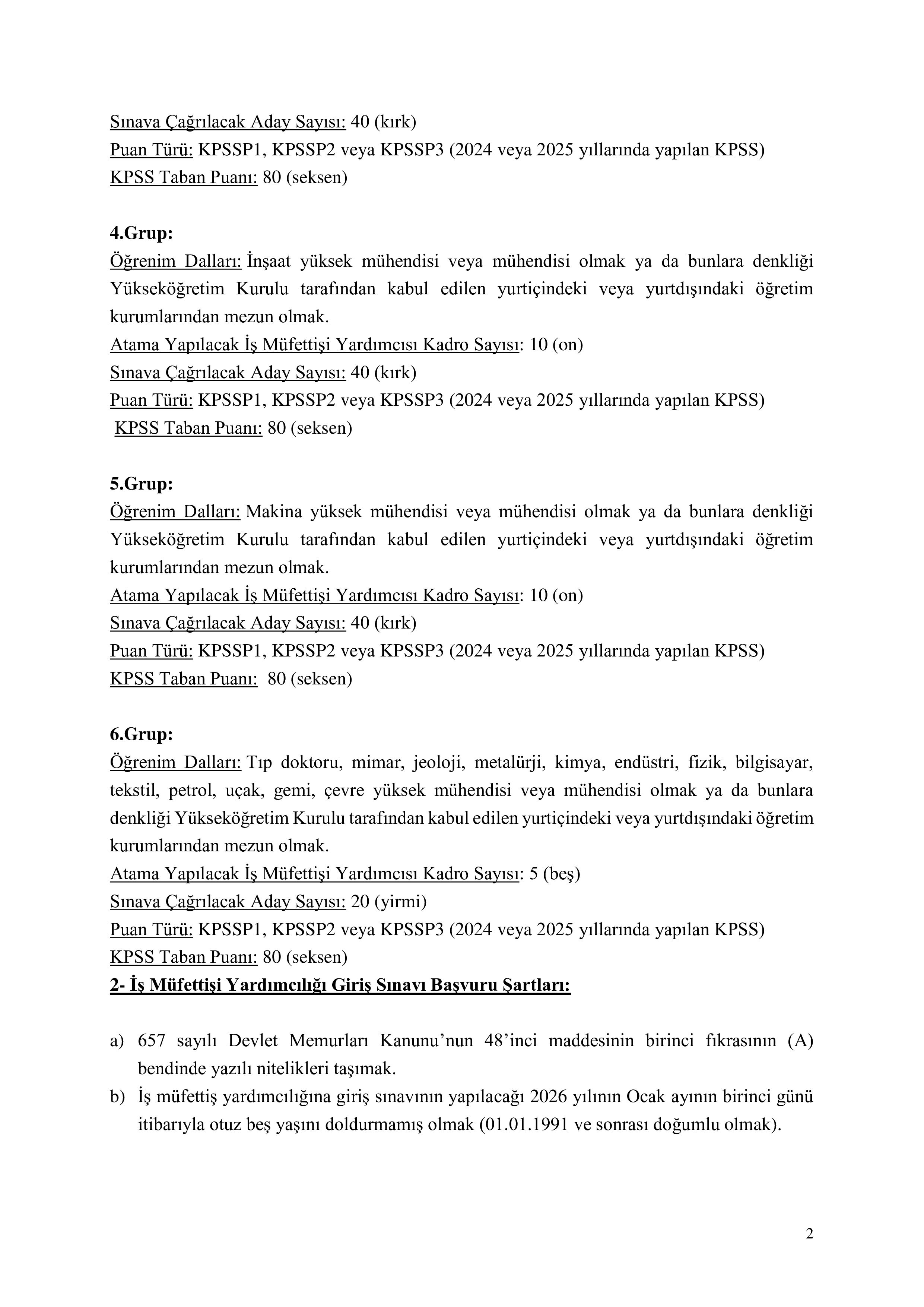 ÇALIŞMA VE SOSYAL GÜVENLİK BAKANLIĞI 100 İŞ MÜFETTİŞ YARDIMCISI ALACAK ( 26 Ocak - 6 Şubat) İlan İçeriği Sayfa 2