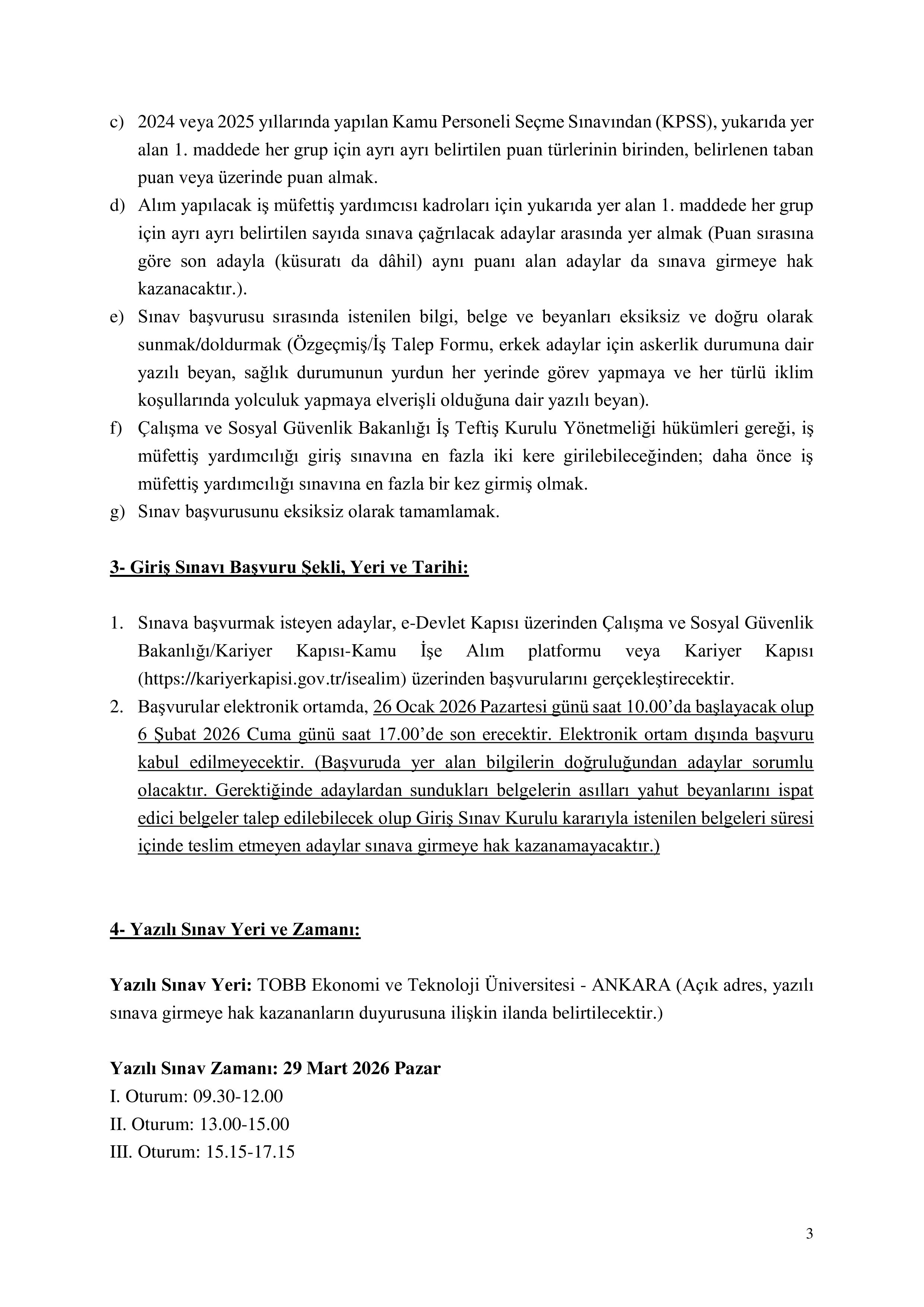 ÇALIŞMA VE SOSYAL GÜVENLİK BAKANLIĞI 100 İŞ MÜFETTİŞ YARDIMCISI ALACAK ( 26 Ocak - 6 Şubat) İlan İçeriği Sayfa 3
