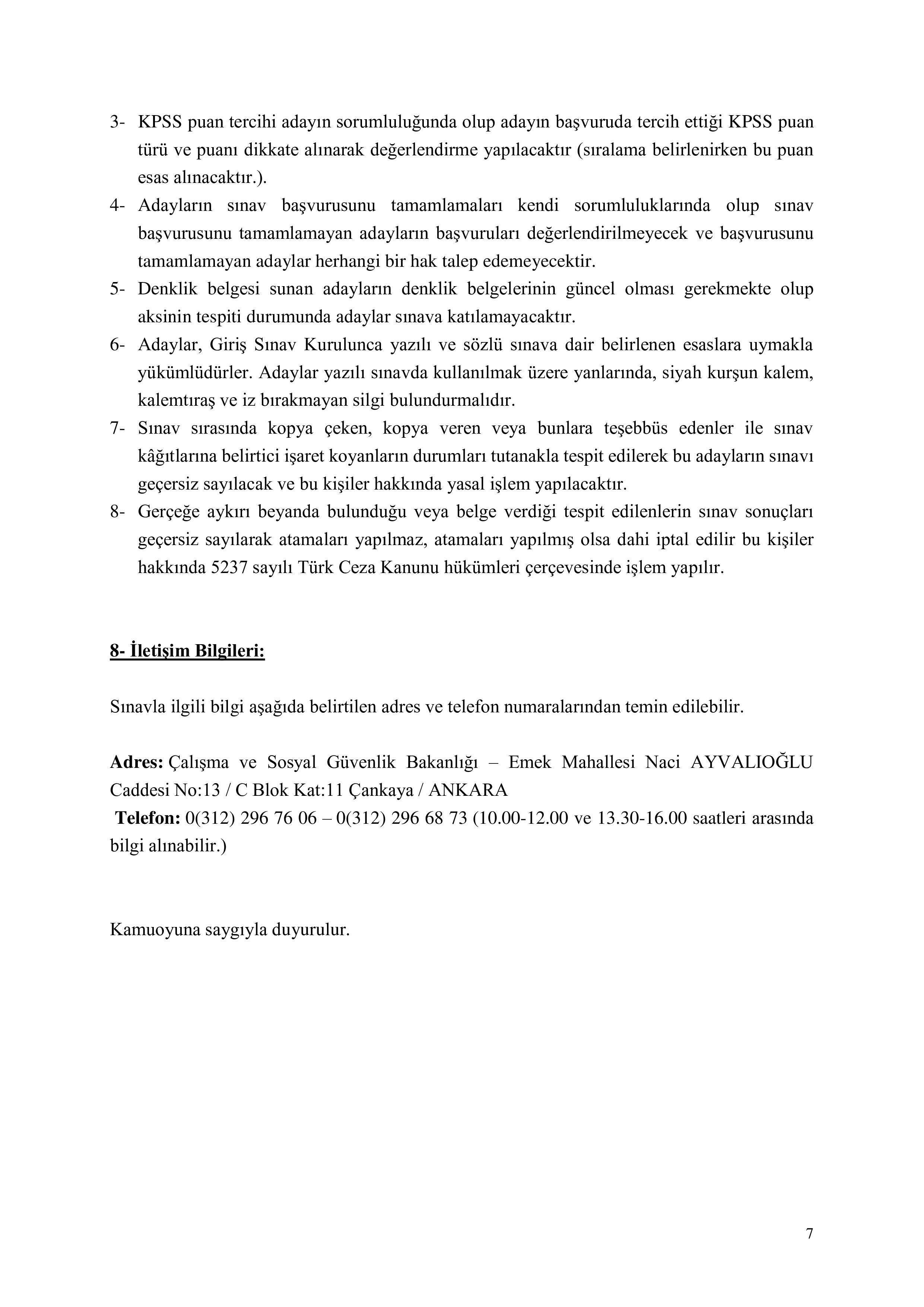 ÇALIŞMA VE SOSYAL GÜVENLİK BAKANLIĞI 100 İŞ MÜFETTİŞ YARDIMCISI ALACAK ( 26 Ocak - 6 Şubat) İlan İçeriği Sayfa 7