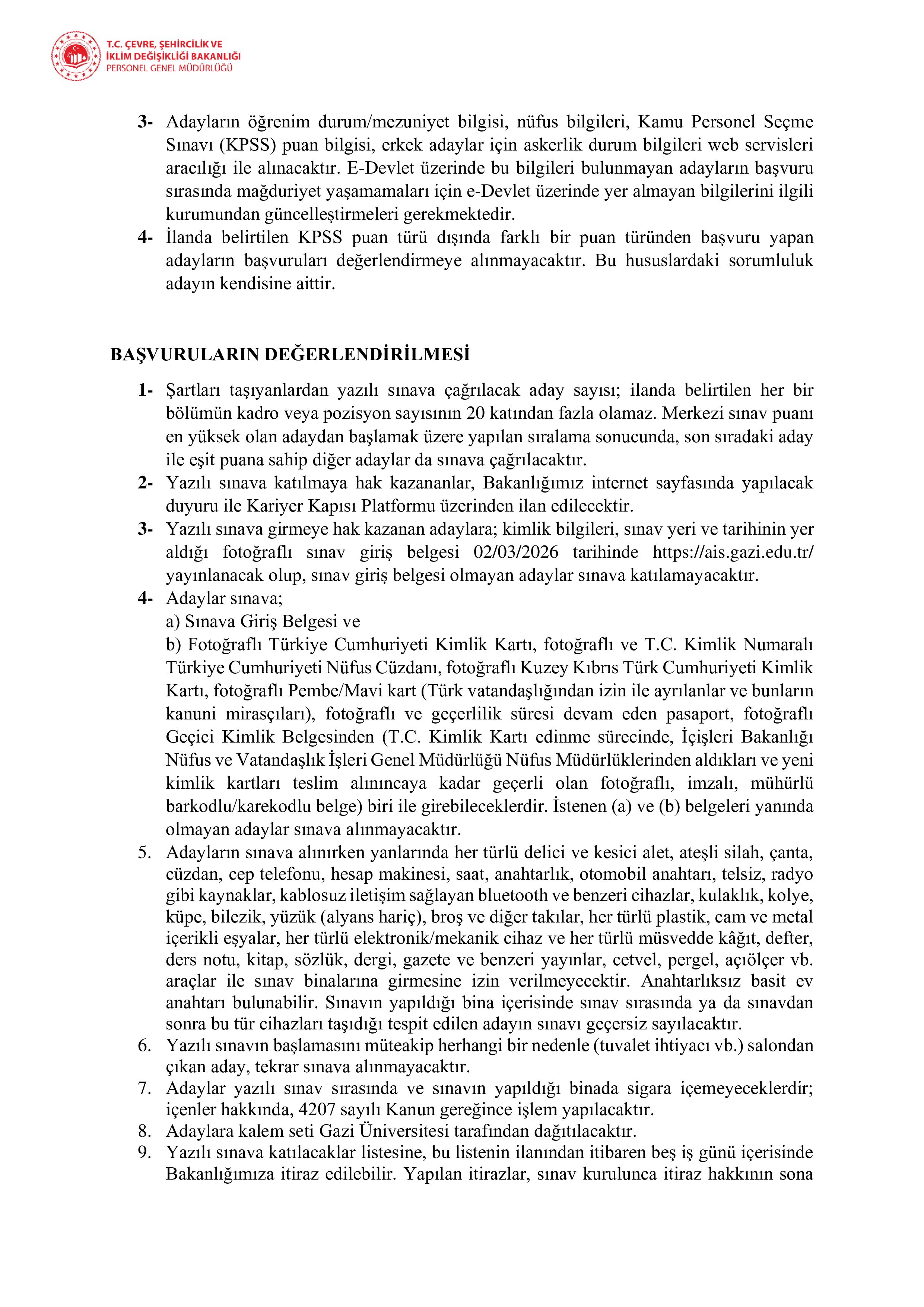 ÇEVRE, ŞEHİRCİLİK VE İKLİM DEĞİŞİKLİĞİ BAKANLIĞI 15 MÜFETTİŞ YARDIMCISI ALACAK ( 29 Aralık - 5 Ocak) İlan İçeriği Sayfa 2