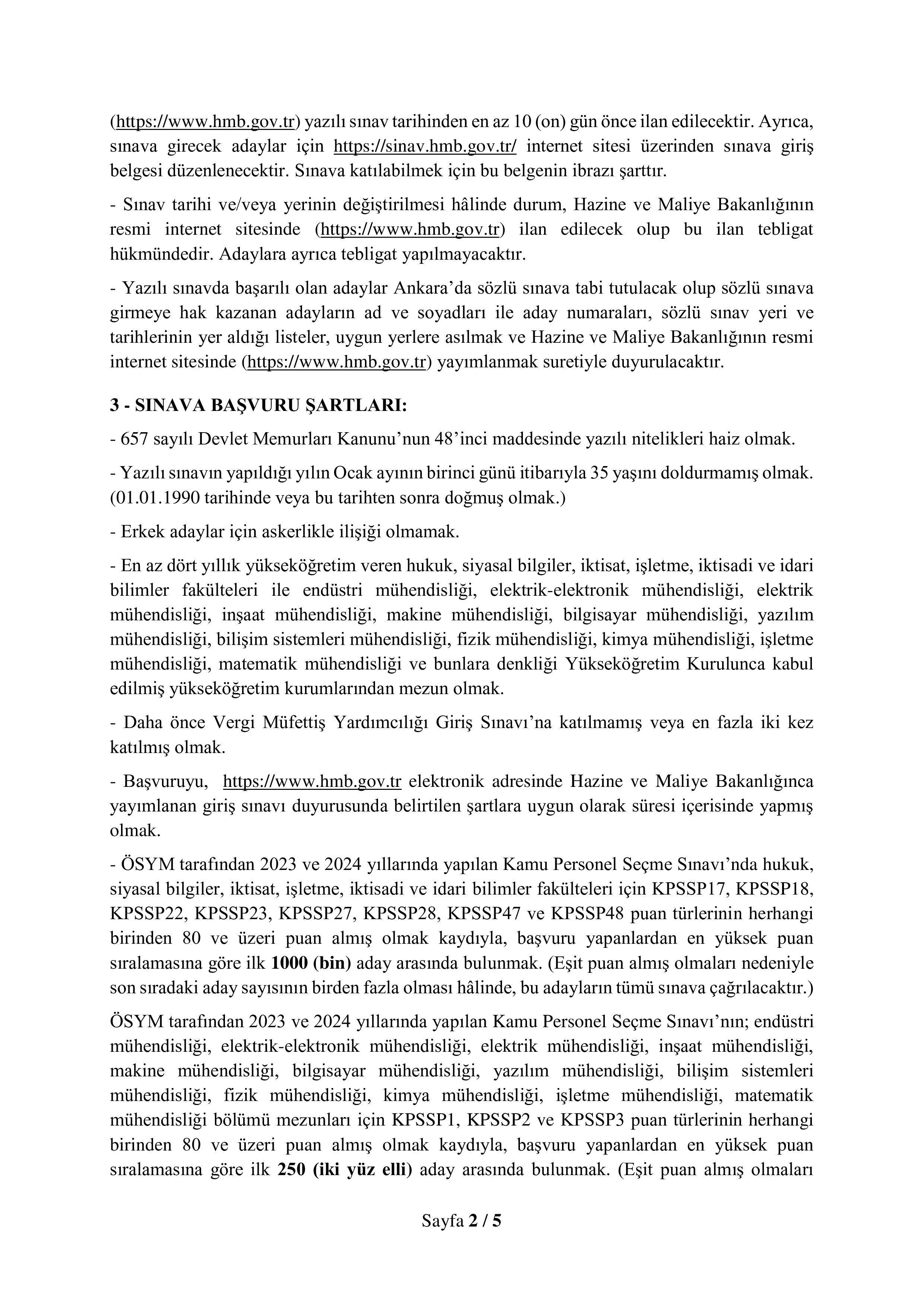 HAZİNE VE MALİYE BAKANLIĞI 250 VERGİ MÜFETTİŞ YARDIMCISI ALACAK ( 7 Nisan - 16 Nisan) İlan İçeriği Sayfa 2