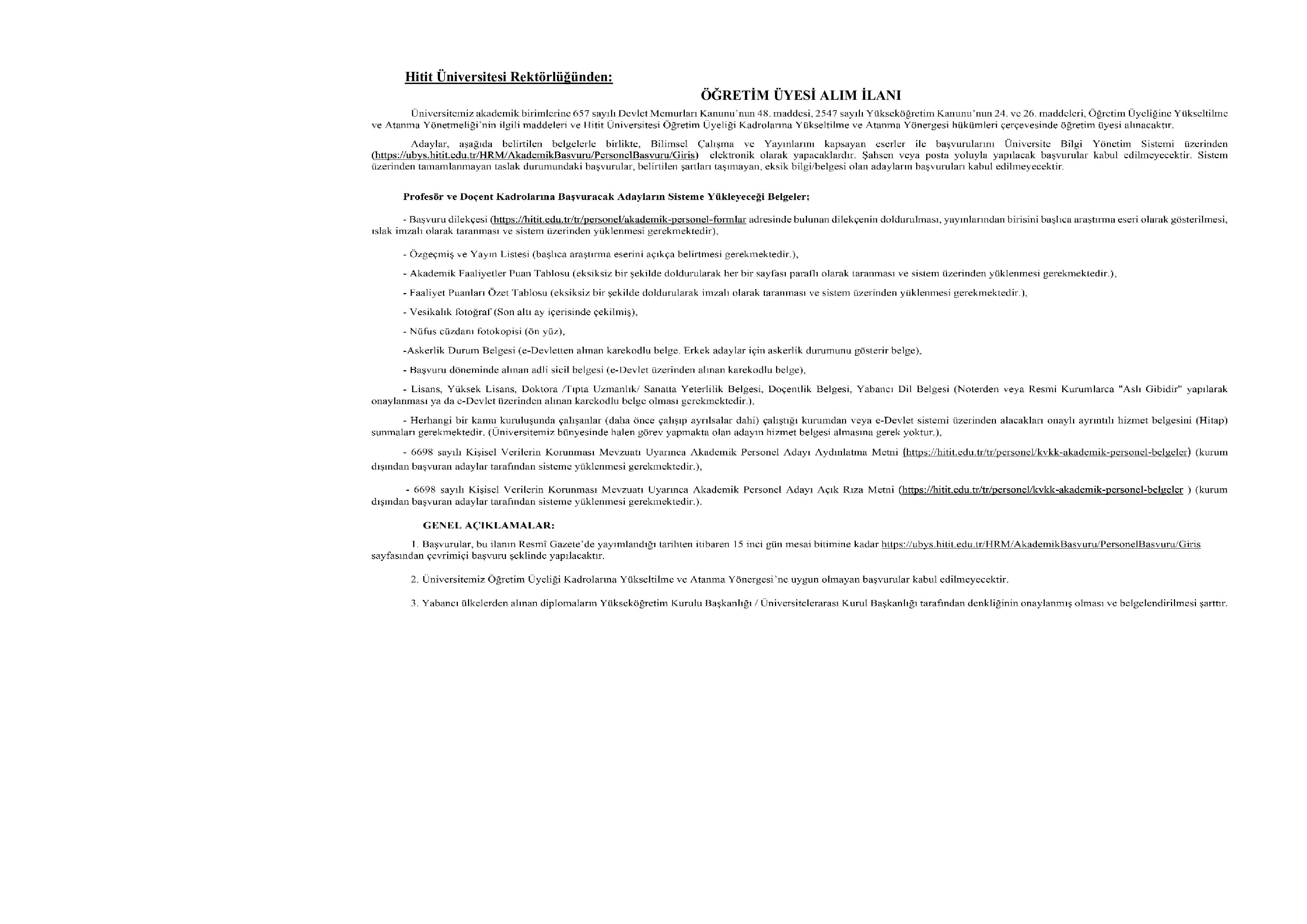 HİTİT ÜNİVERSİTESİ 26 ÖĞRETİM ÜYESİ ALACAK ( 26 Aralık - 9 Ocak) İlan İçeriği Sayfa 1