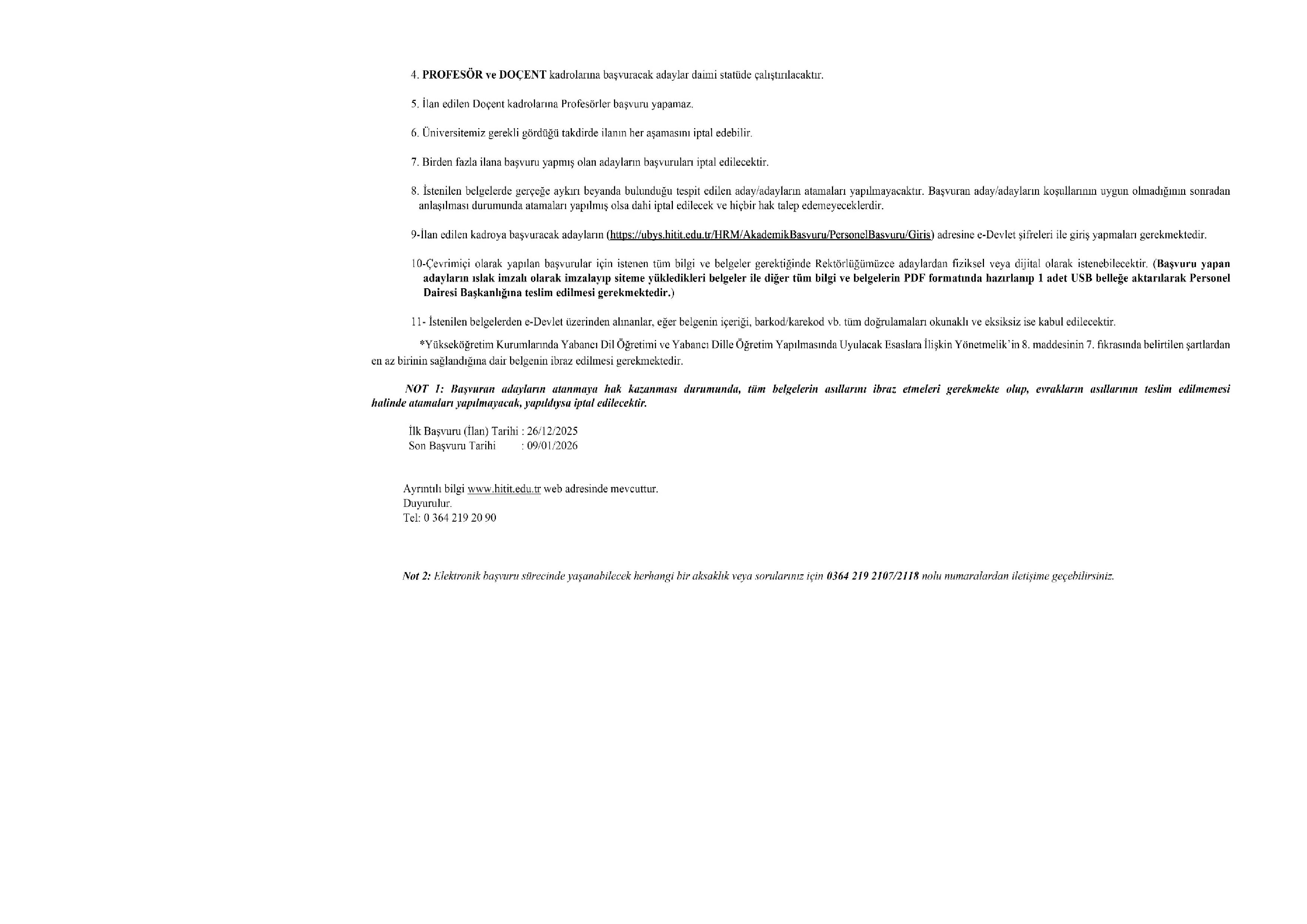 HİTİT ÜNİVERSİTESİ 26 ÖĞRETİM ÜYESİ ALACAK ( 26 Aralık - 9 Ocak) İlan İçeriği Sayfa 2