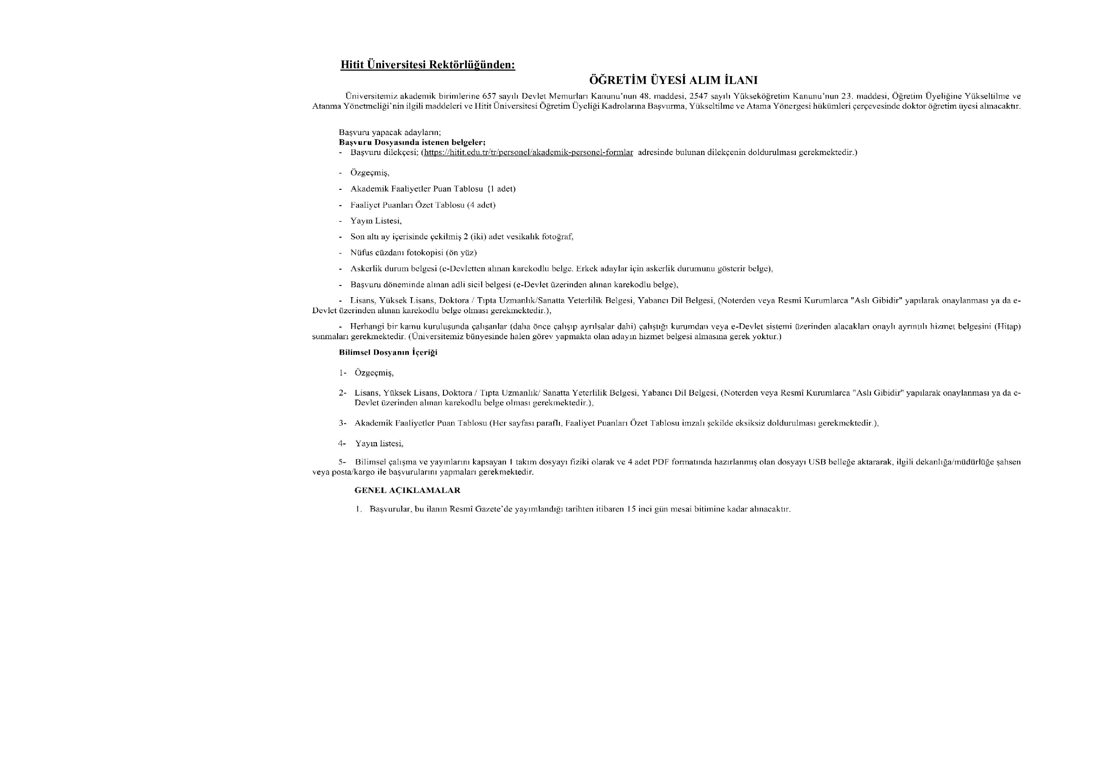HİTİT ÜNİVERSİTESİ 26 ÖĞRETİM ÜYESİ ALACAK ( 26 Aralık - 9 Ocak) İlan İçeriği Sayfa 4
