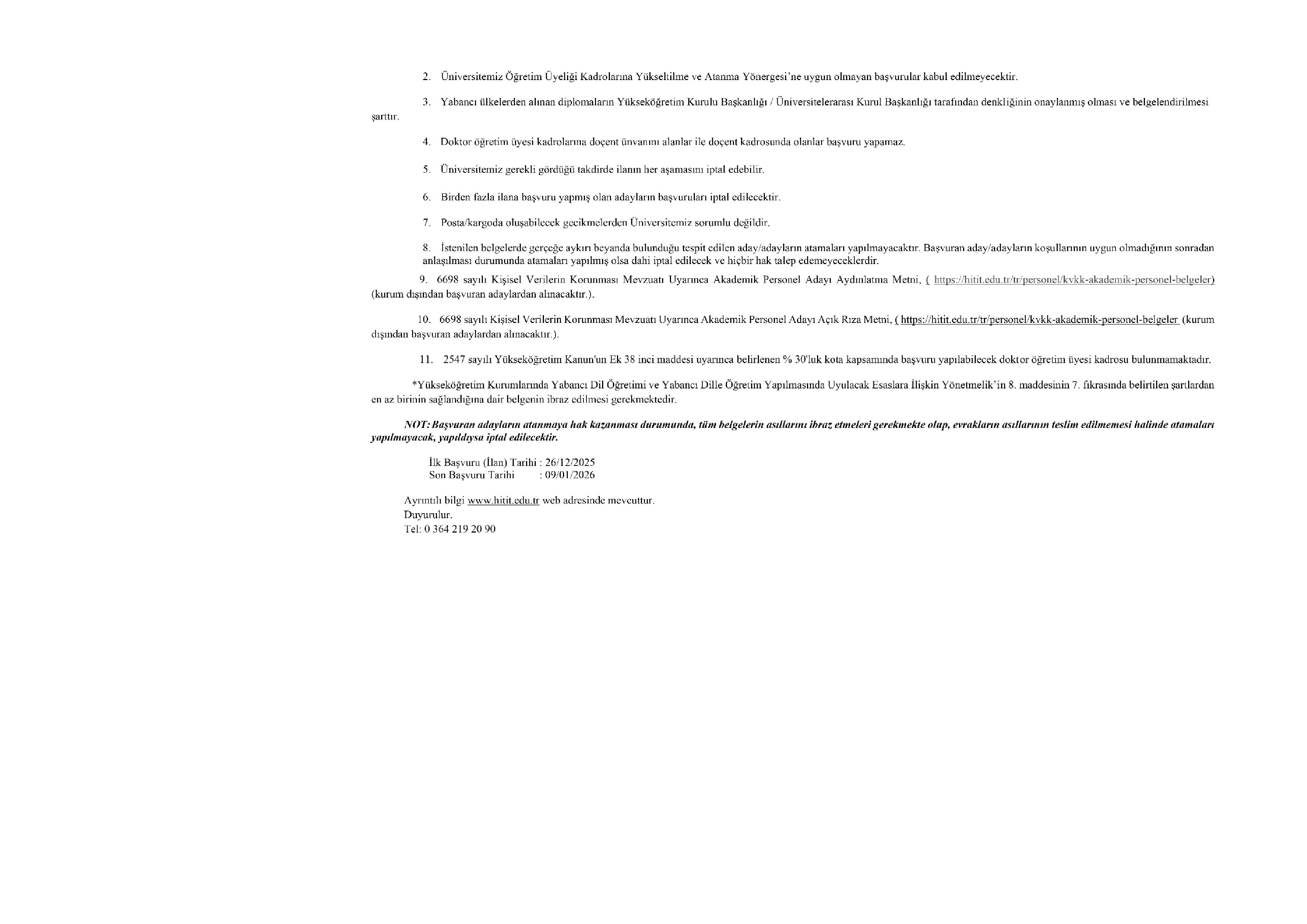HİTİT ÜNİVERSİTESİ 26 ÖĞRETİM ÜYESİ ALACAK ( 26 Aralık - 9 Ocak) İlan İçeriği Sayfa 5