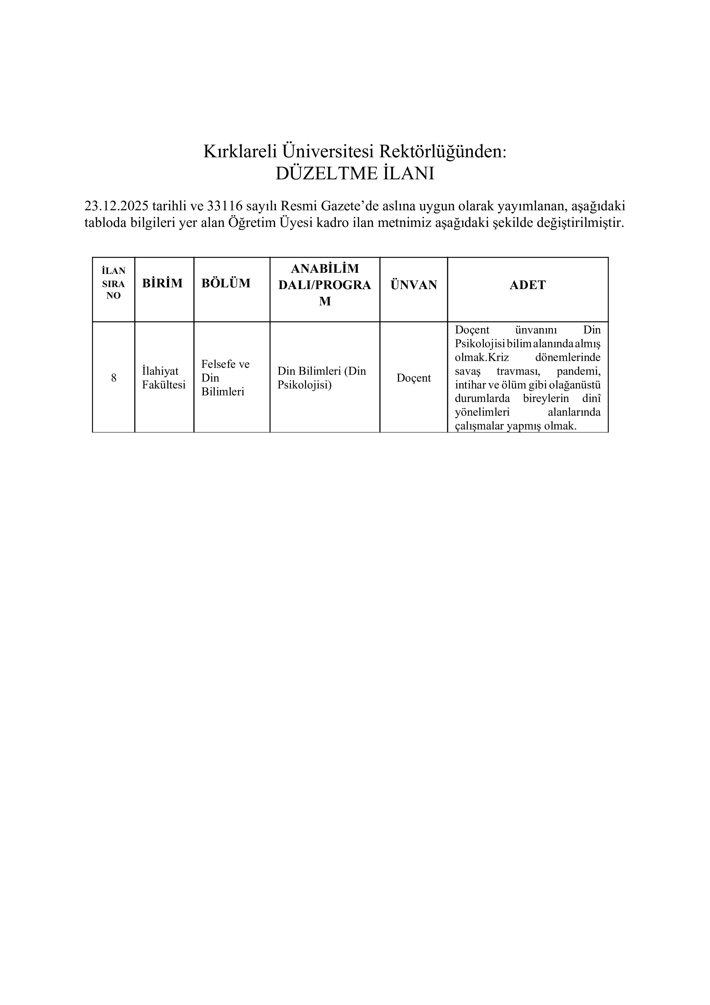 KIRKLARELİ ÜNİVERSİTESİ DÜZELTME İLANI ( 26 Aralık - 6 Ocak) İlan İçeriği Sayfa 1