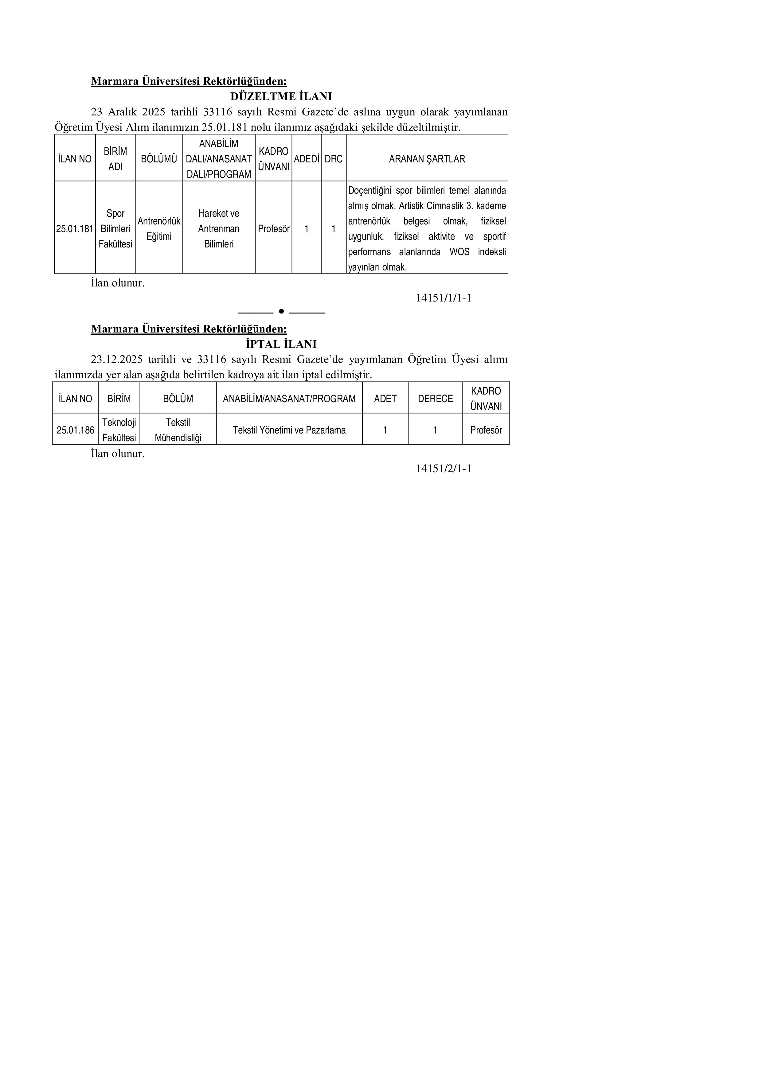 MARMARA ÜNİVERSİTESİ 2 ÖĞRETİM ÜYESİ ALACAK ( 26 Aralık - 9 Ocak) İlan İçeriği Sayfa 1