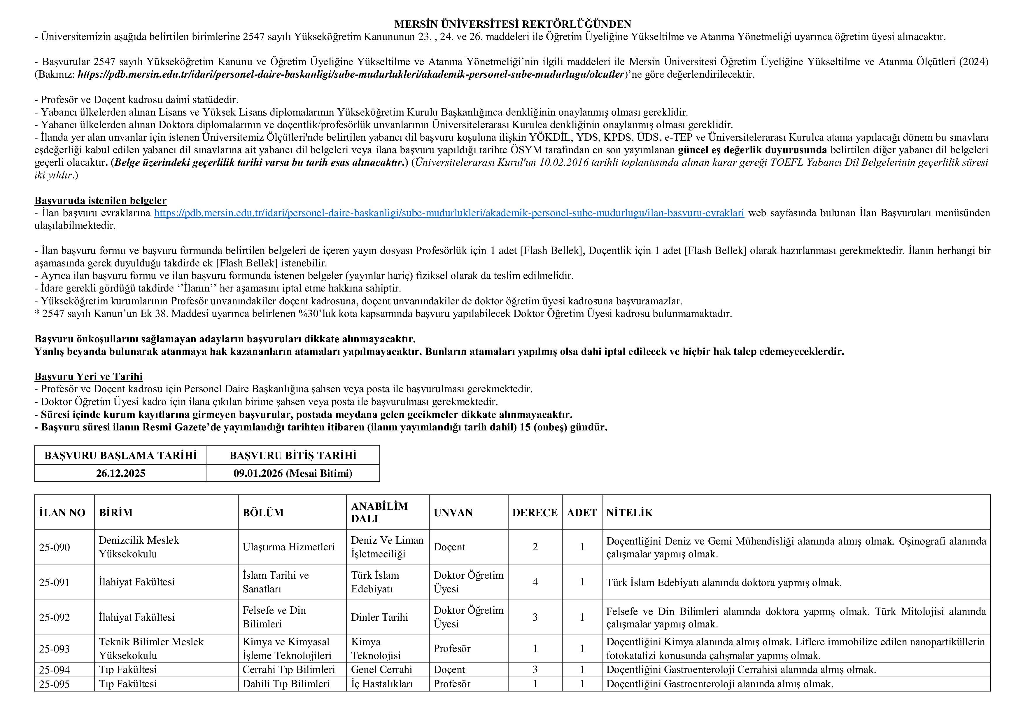 MERSİN ÜNİVERSİTESİ 8 ÖĞRETİM ÜYESİ ALACAK ( 26 Aralık - 9 Ocak) İlan İçeriği Sayfa 1