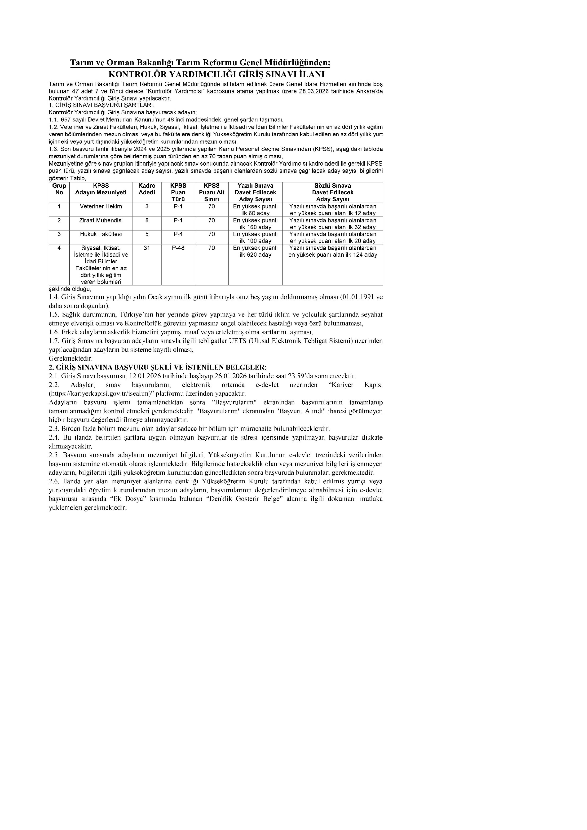 TARIM VE ORMAN BAKANLIĞI 47 KONTROLÖR YARDIMCISI ALACAK ( 12 Ocak - 26 Ocak) İlan İçeriği Sayfa 1