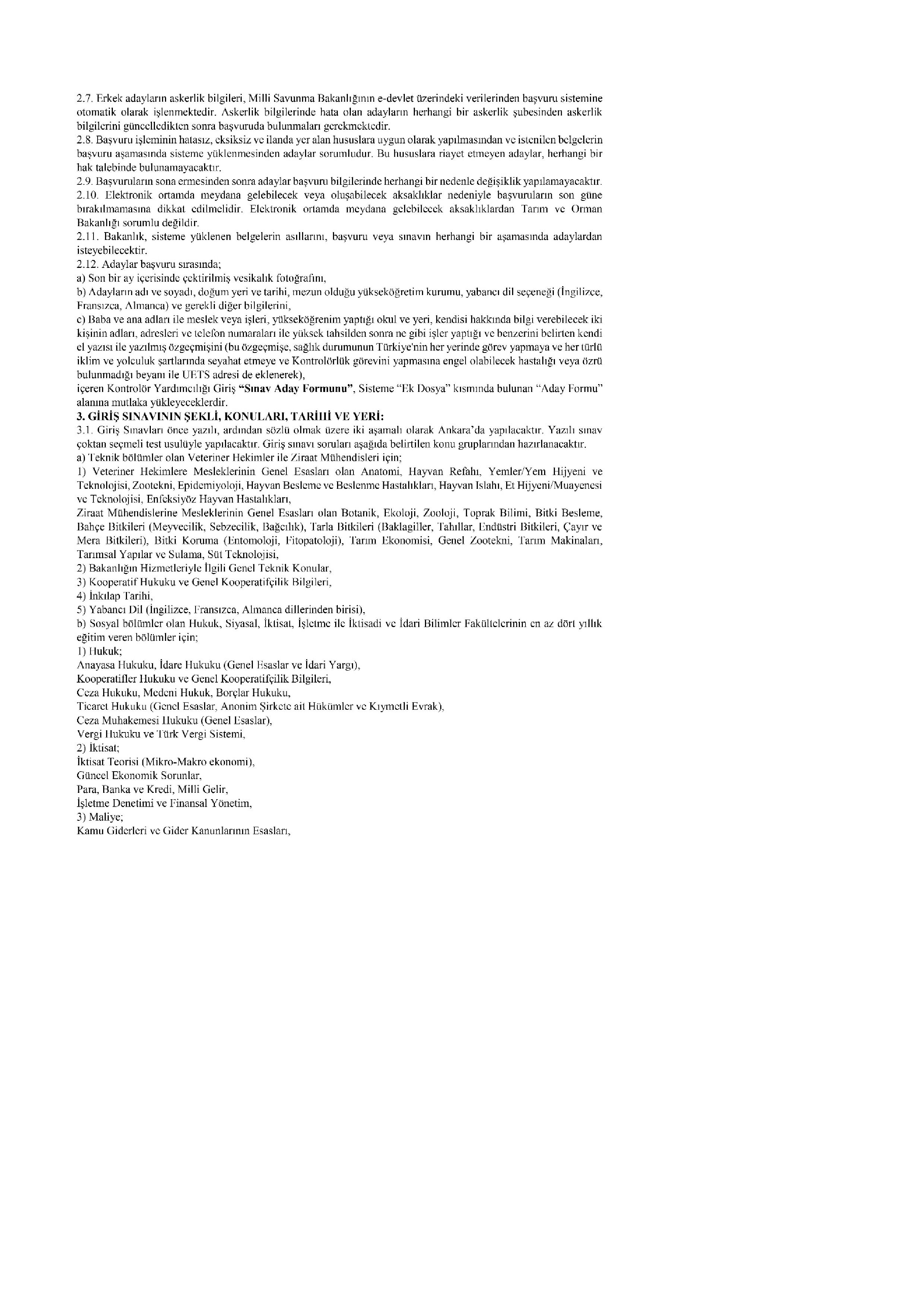 TARIM VE ORMAN BAKANLIĞI 47 KONTROLÖR YARDIMCISI ALACAK ( 12 Ocak - 26 Ocak) İlan İçeriği Sayfa 2