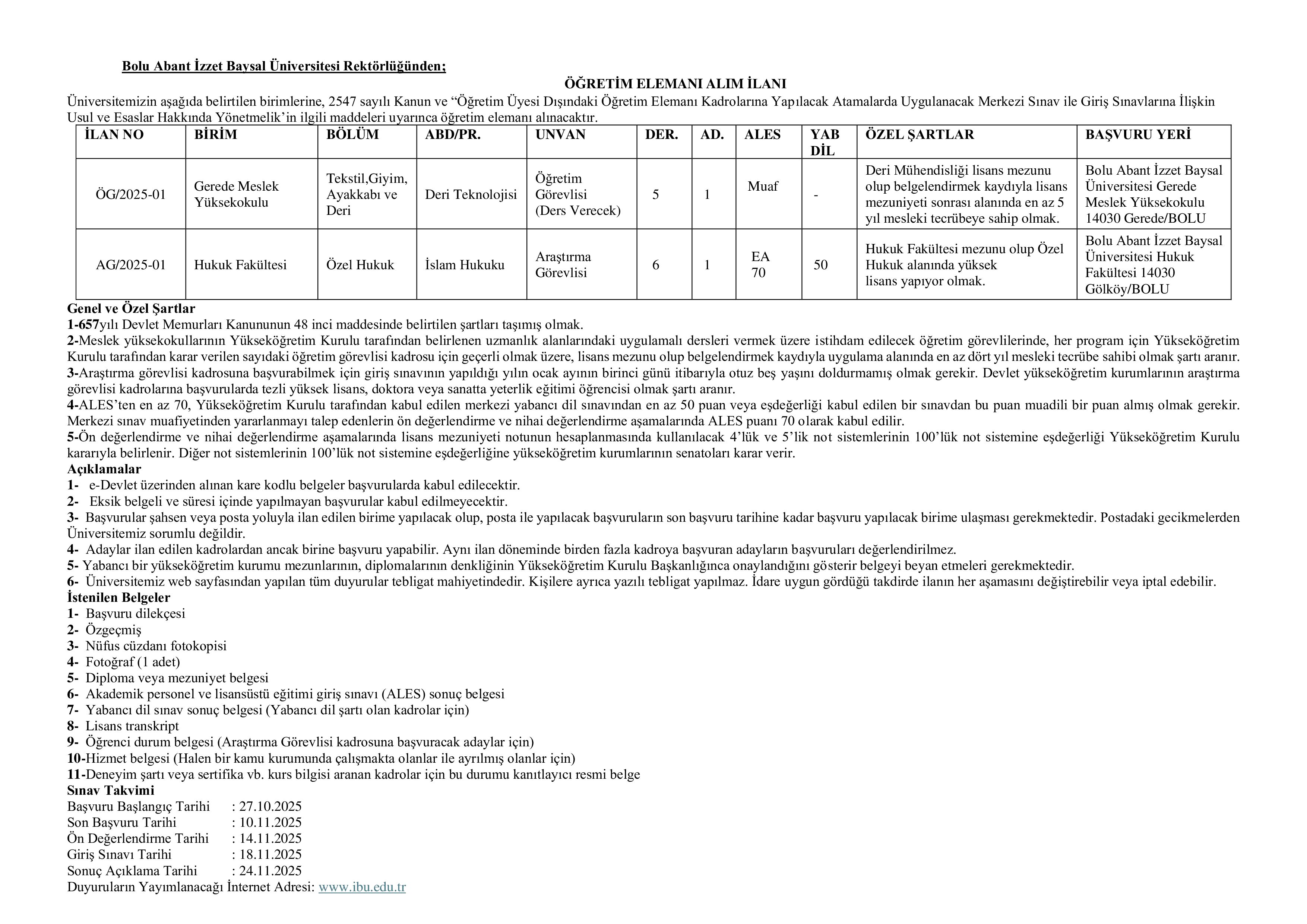 İlan İçeriği Sayfa 2 BOLU ABANT İZZET BAYSAL ÜNİVERSİTESİ 11  ÖĞRETİM ELEMANI ALACAK ( 26 Ekim - 9 Kasım) İlan İçeriği Sayfa 2